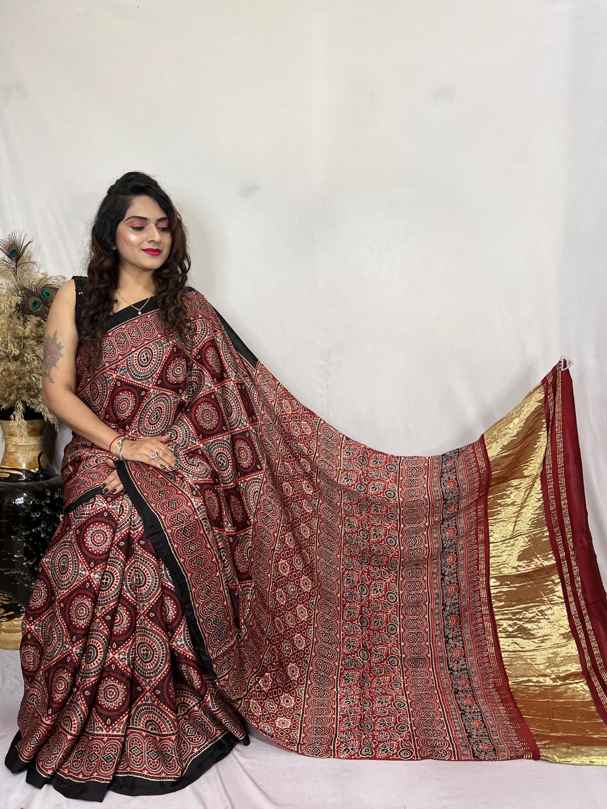 Buy MySilkLove Roman Coffee Brown Ajrakh Modal Handblock Printed Silk Saree Online