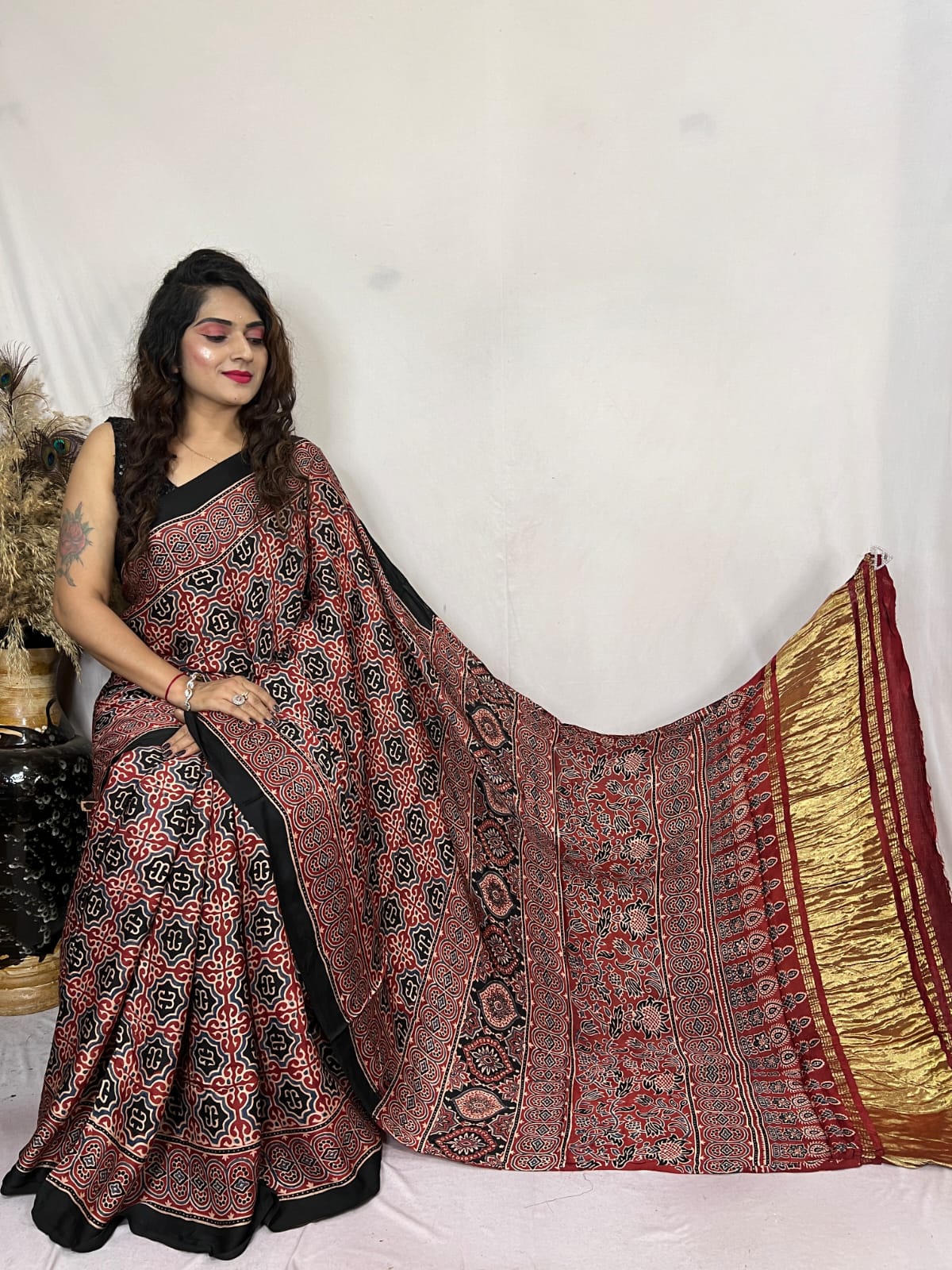 Buy MySilkLove Copper Rust Brown Ajrakh Modal Handblock Printed Silk Saree Online