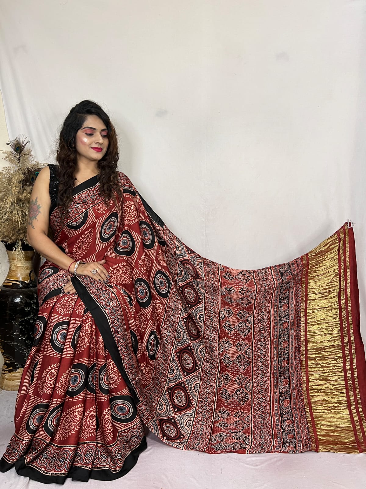 Buy MySilkLove Crown Of Thorns Brown Ajrakh Modal Handblock Printed Silk Saree Online