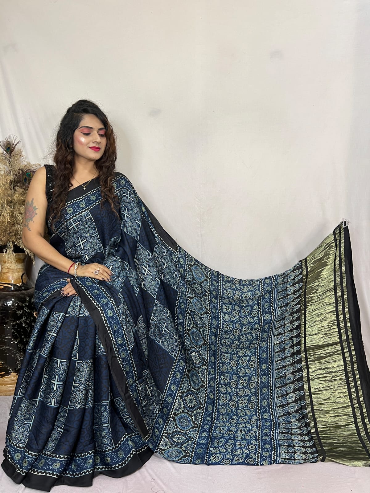 Buy MySilkLove Ebony Clay Blue Ajrakh Modal Handblock Printed Silk Saree Online