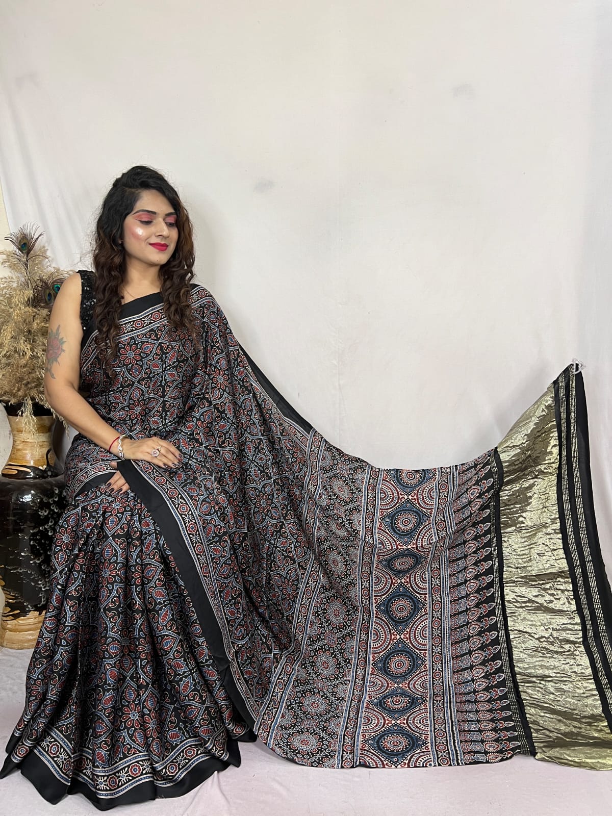 Buy MySilkLove Nevada Black Ajrakh Modal Handblock Printed Silk Saree Online