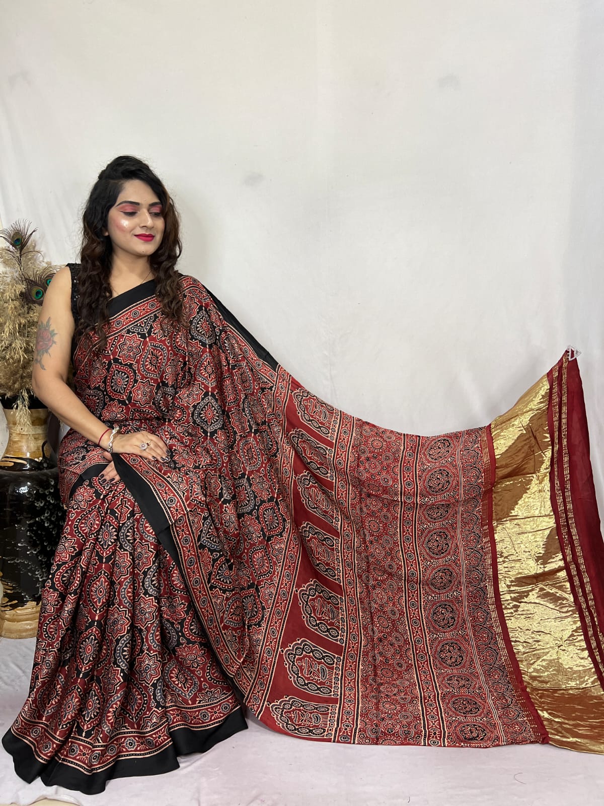 Buy MySilkLove Blast Off Bronze Brown Ajrakh Modal Handblock Printed Silk Saree Online