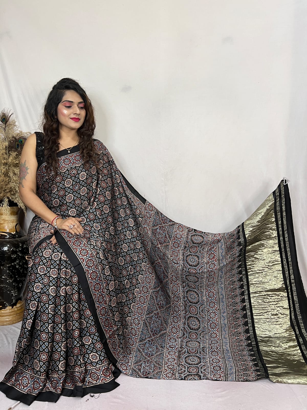 Buy MySilkLove Taupe Black Ajrakh Modal Handblock Printed Silk Saree Online