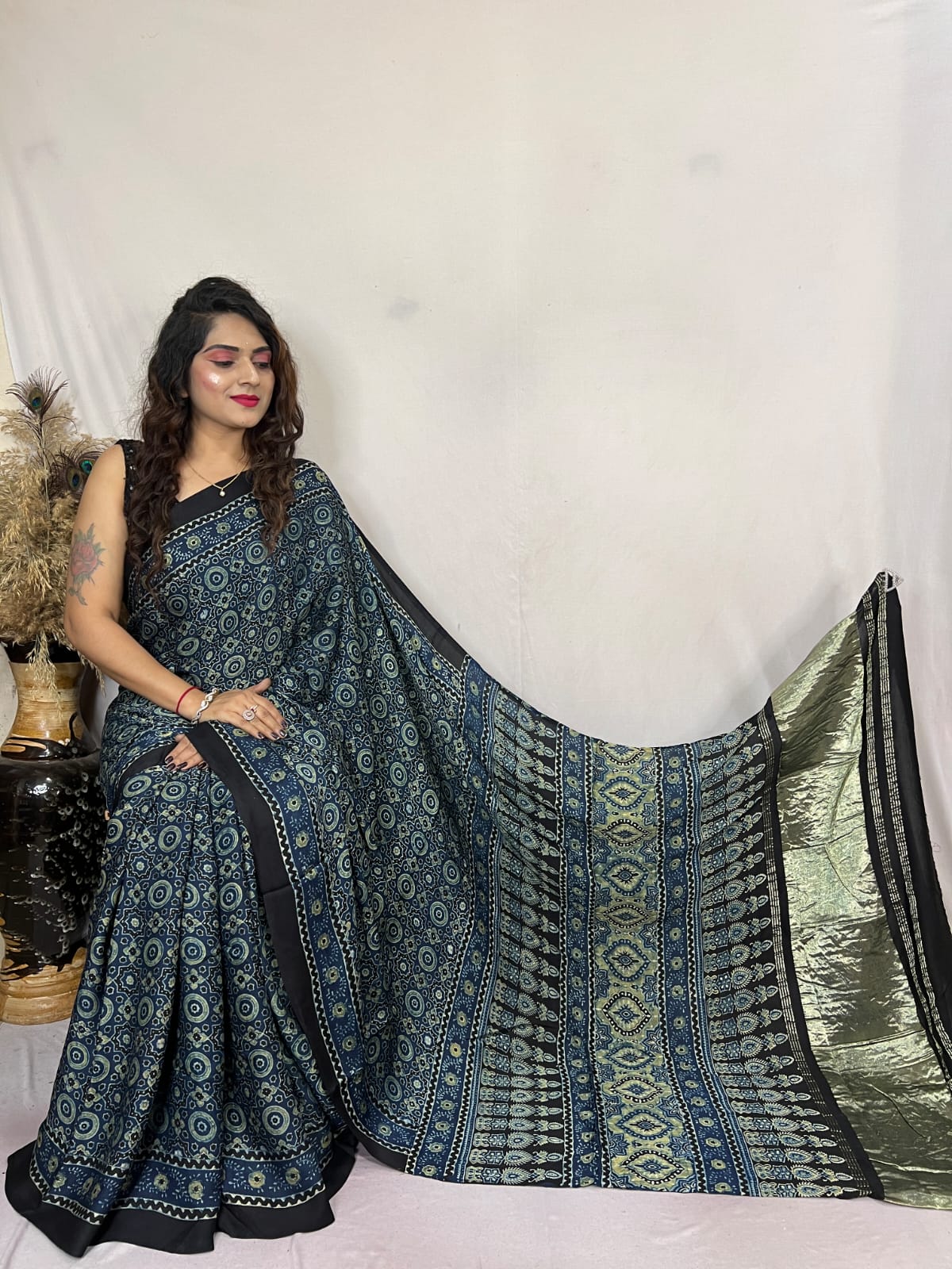 Buy MySilkLove Pickled Bluewood Ajrakh Modal Handblock Printed Silk Saree Online