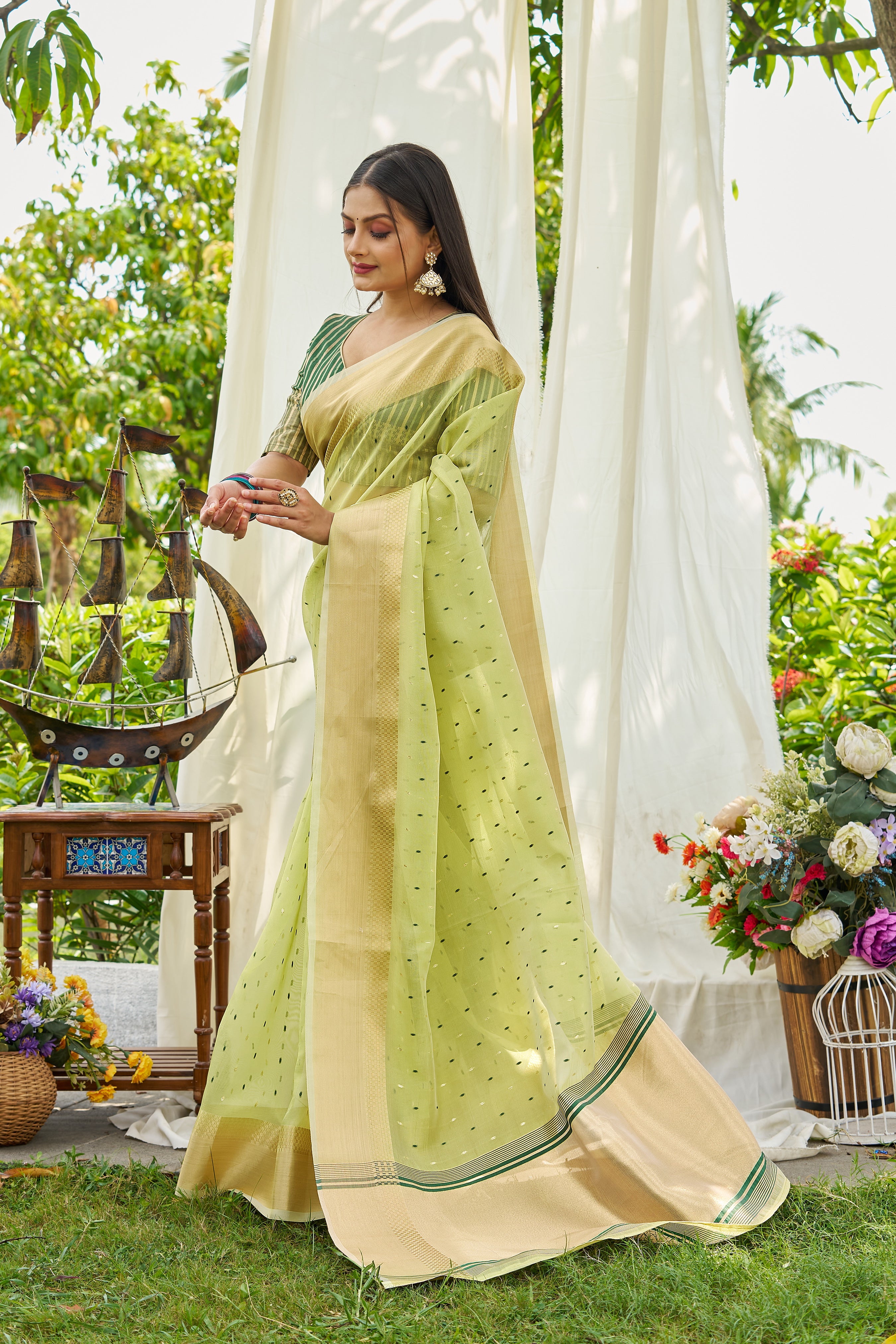 Buy MySilkLove Montor Green Woven Shimmer Silk Saree Online