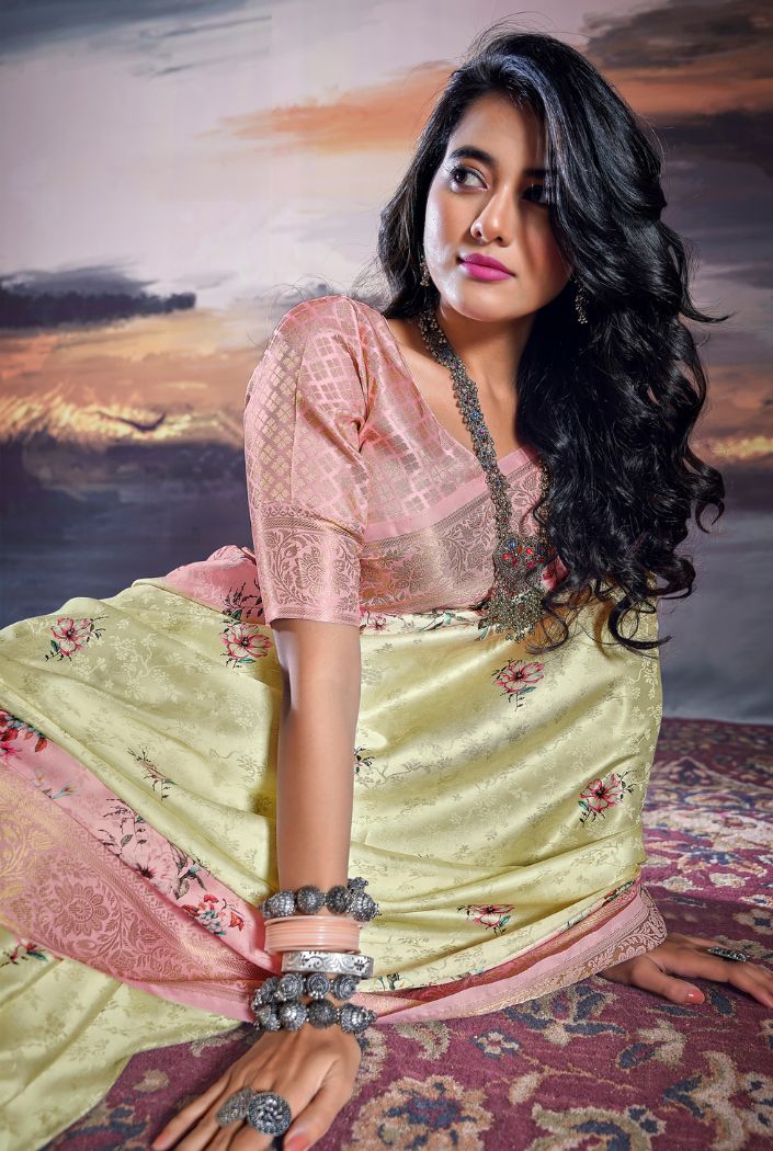 Buy MySilkLove Wheatfield Cream Floral Digital Printed Saree Online