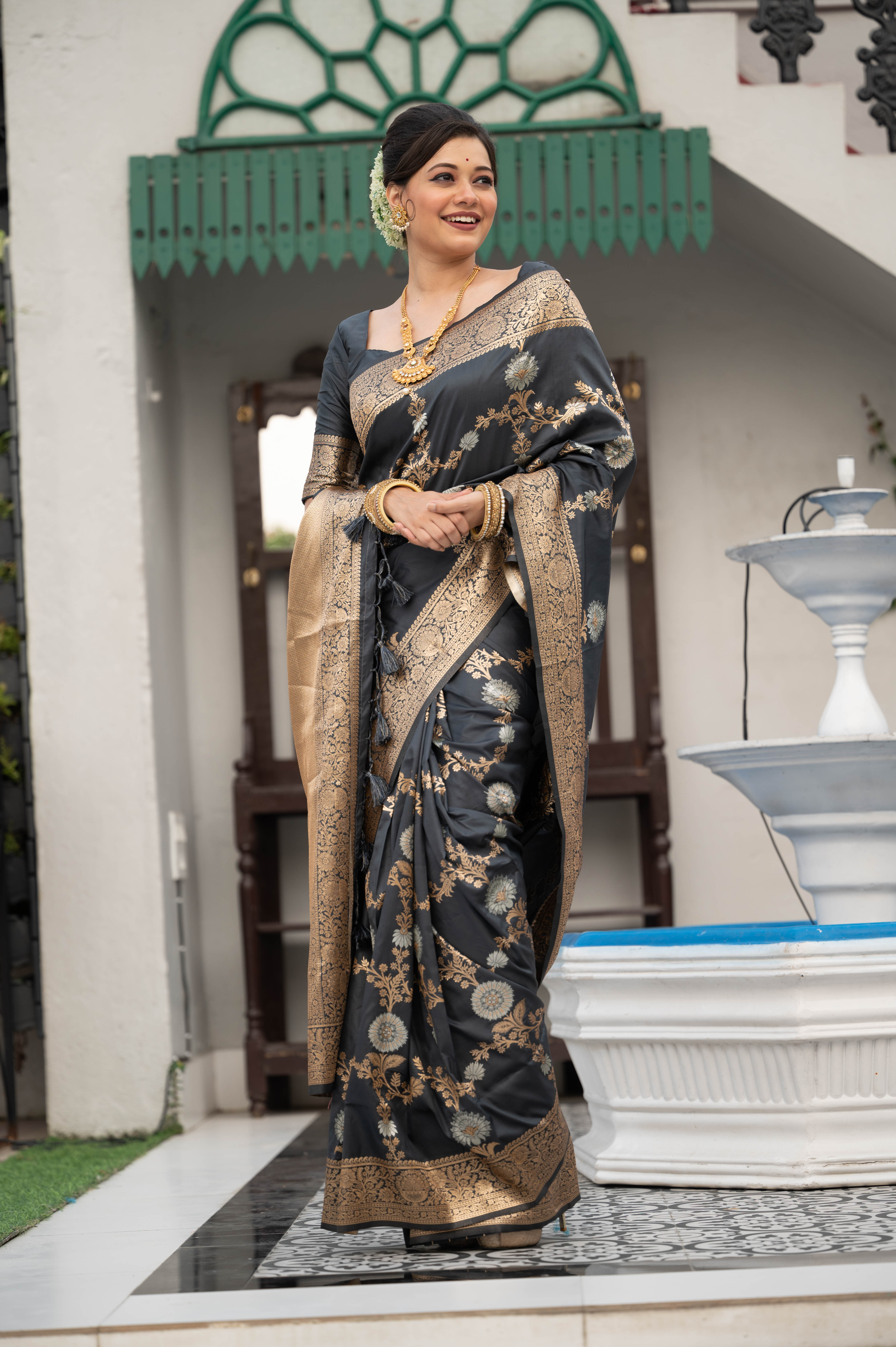 Cement Grey Woven Banarasi Tissue Silk Saree – MySilkLove