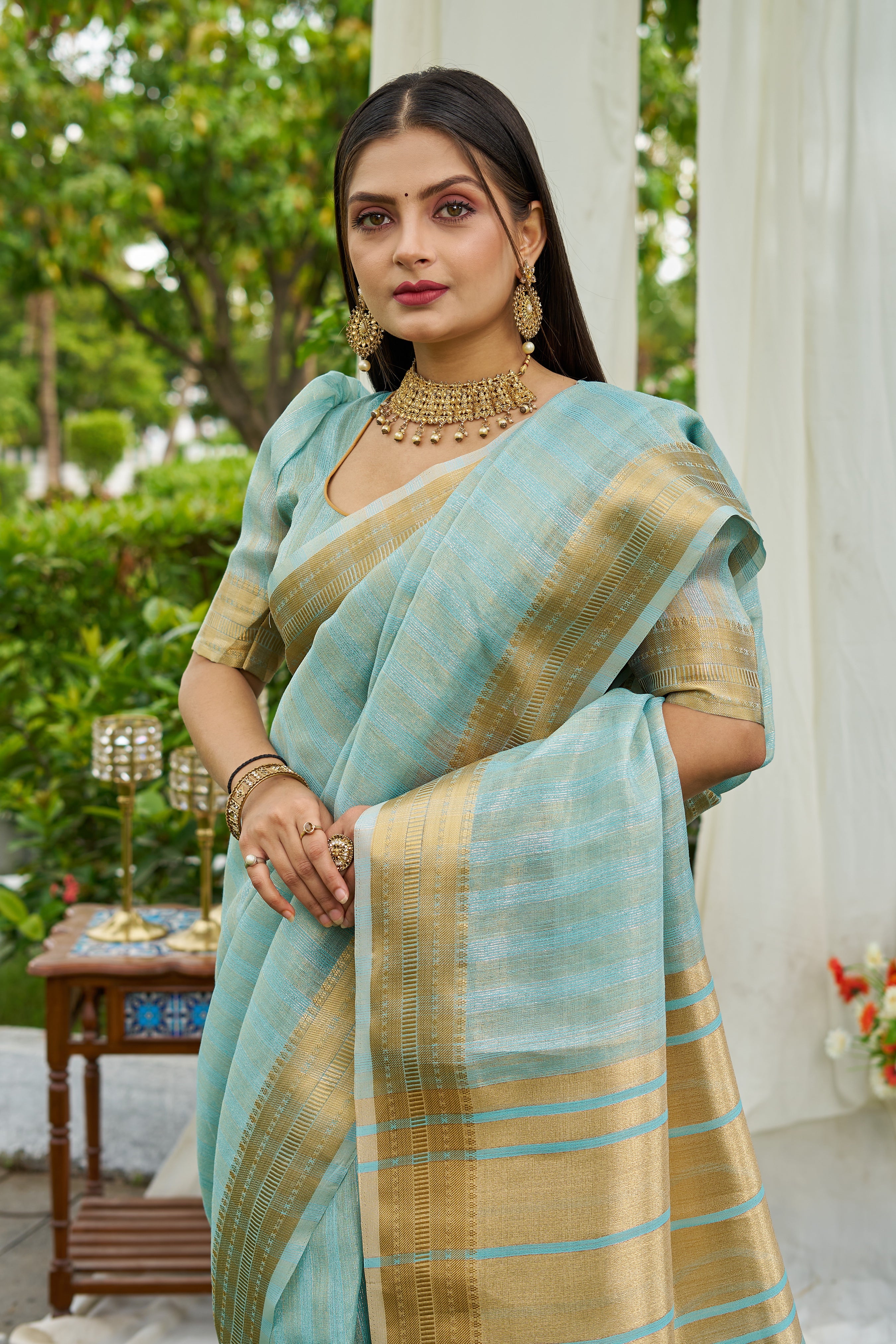 Buy MySilkLove Arctic Blue Woven Tissue Saree Online