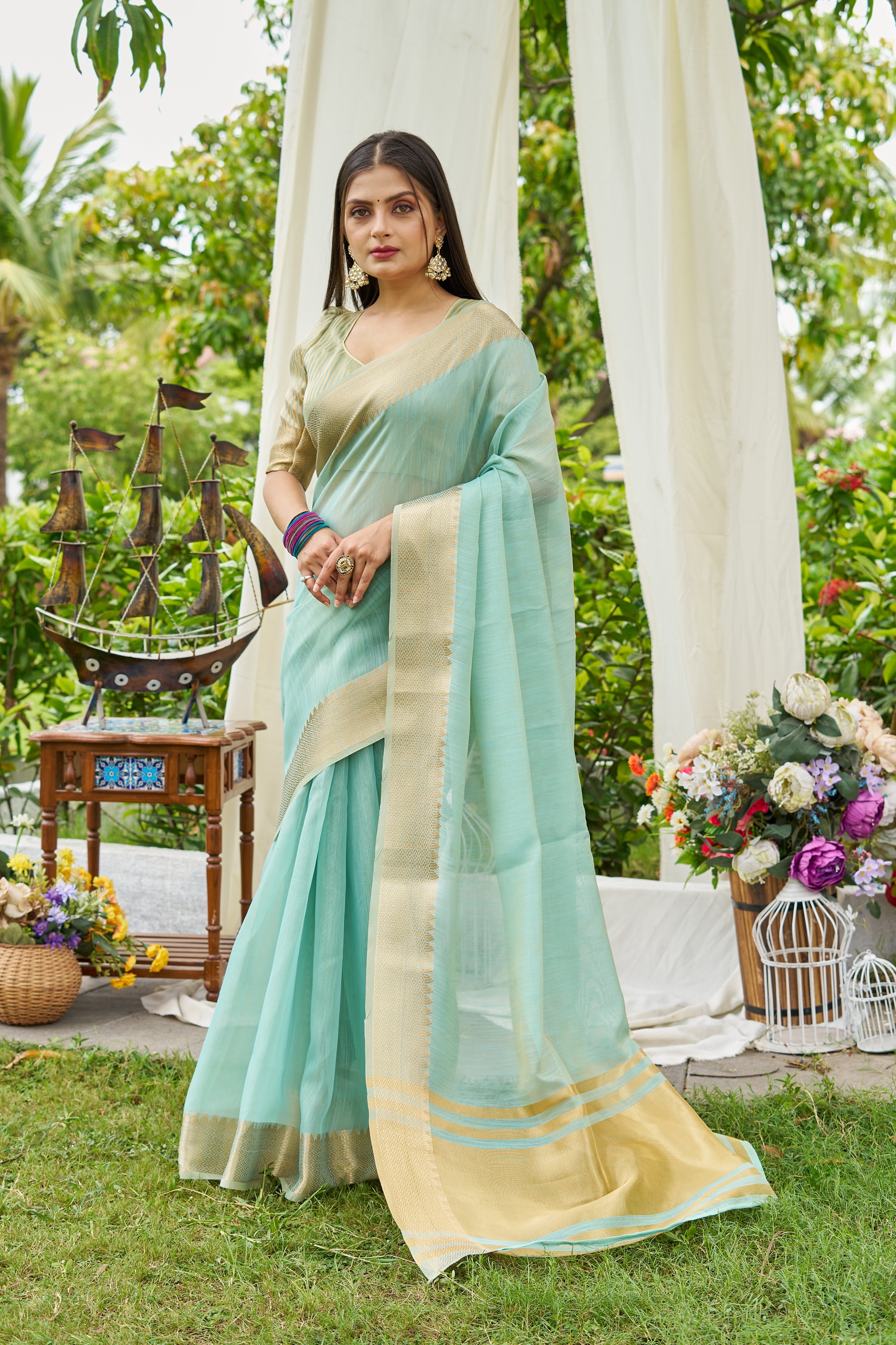Buy MySilkLove China Blue Woven Linen Saree Online