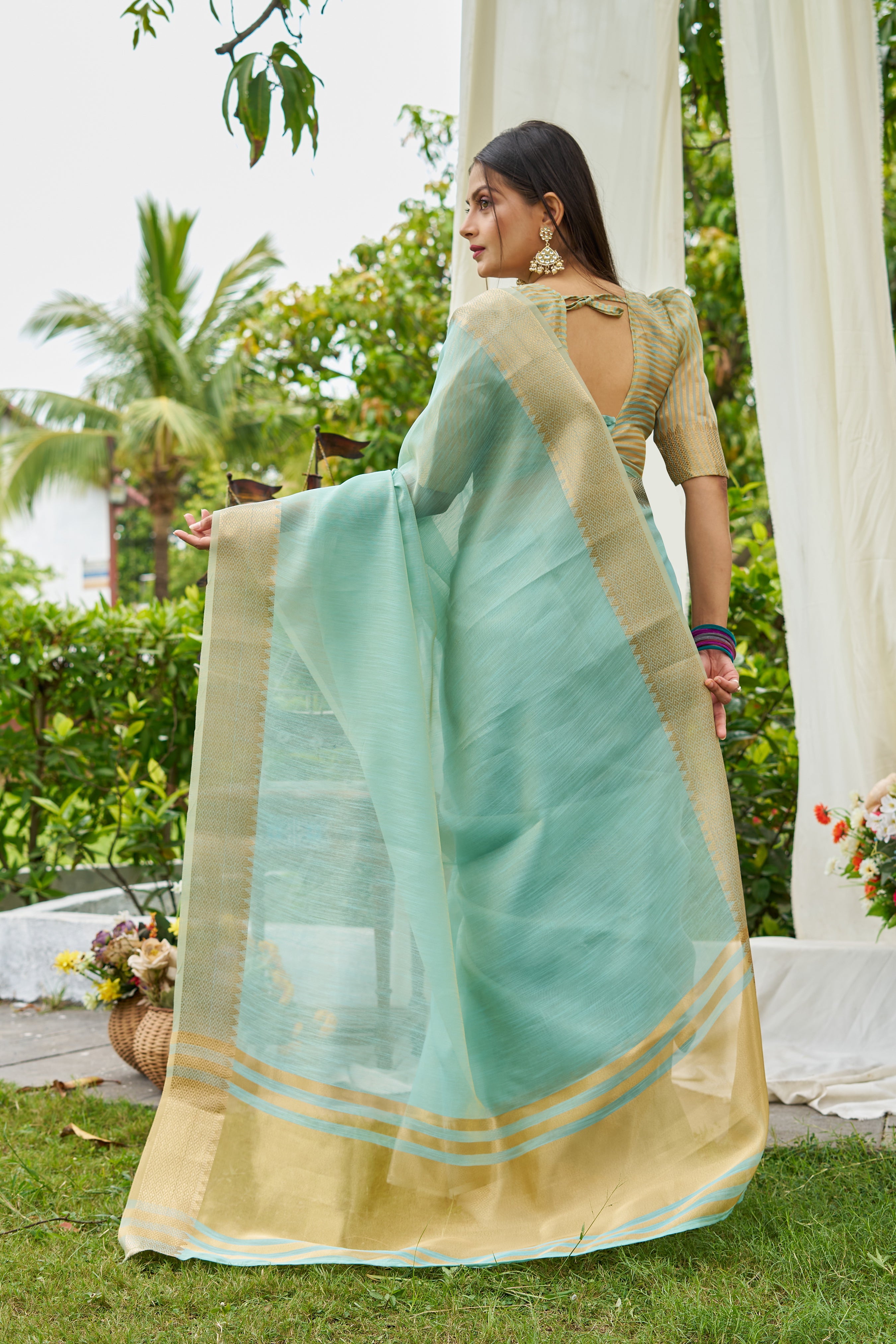 Buy MySilkLove China Blue Woven Linen Saree Online