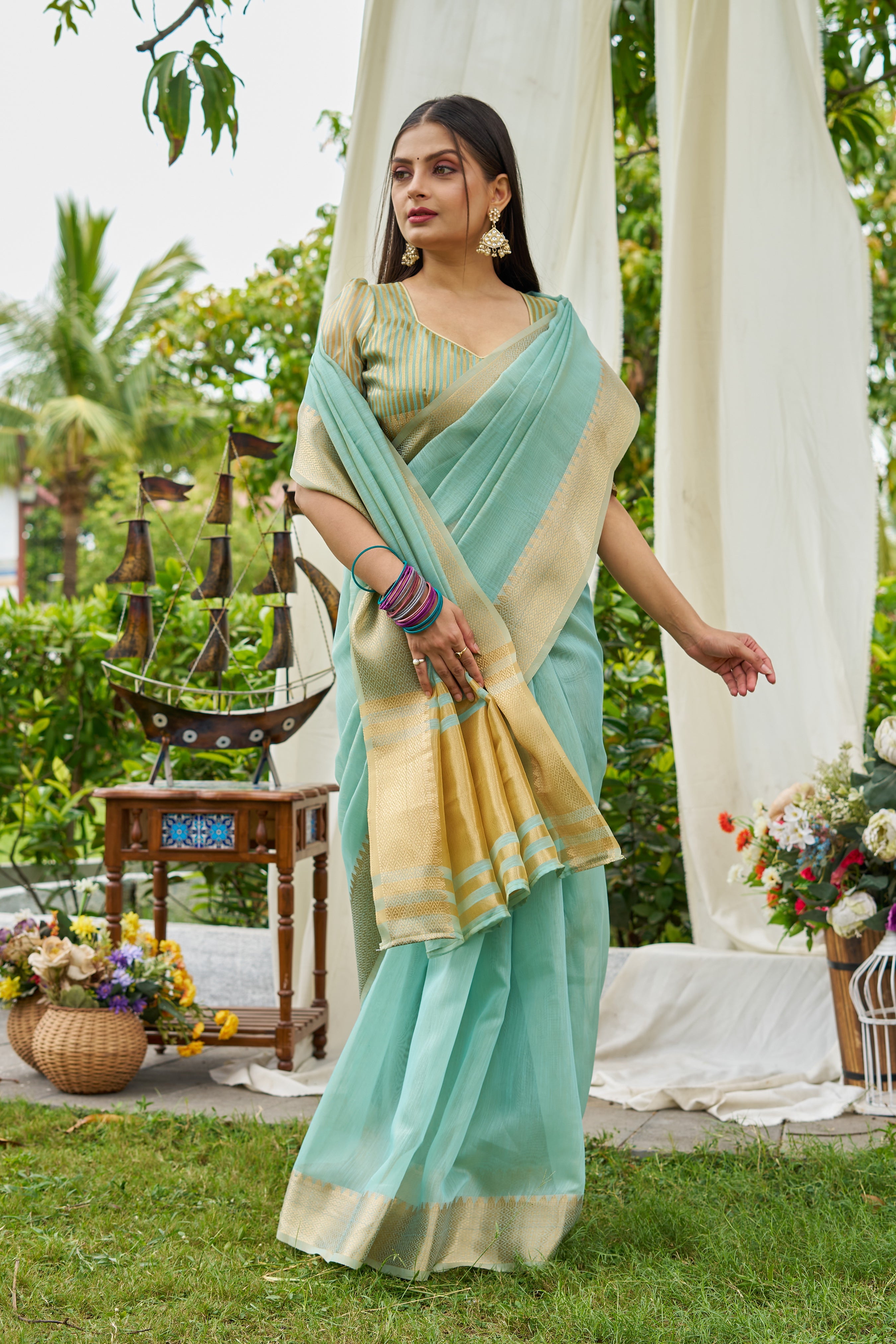 Buy MySilkLove China Blue Woven Linen Saree Online