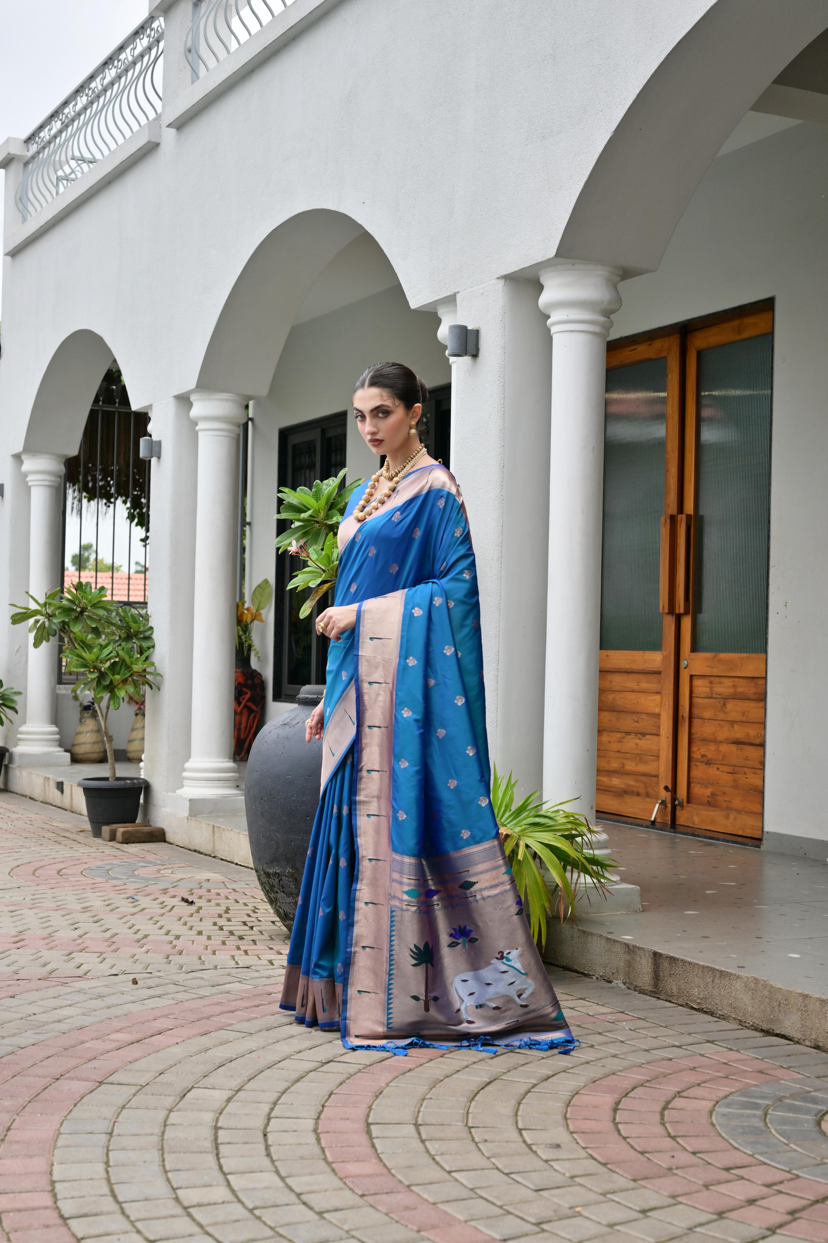 Buy MySilkLove Bondi Blue Woven Paithani Saree Online