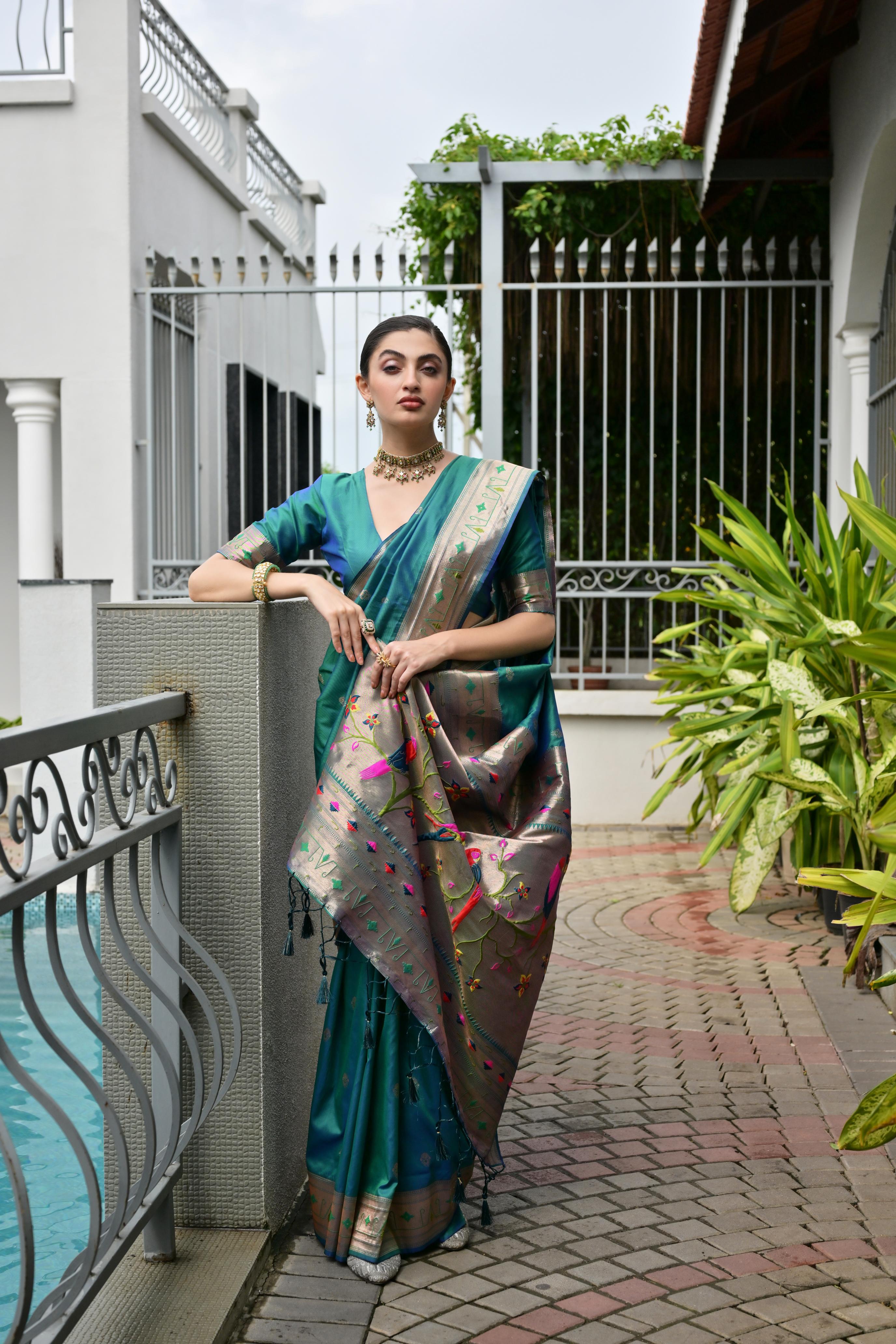 Buy MySilkLove Peacock Green Woven Paithani Saree Online