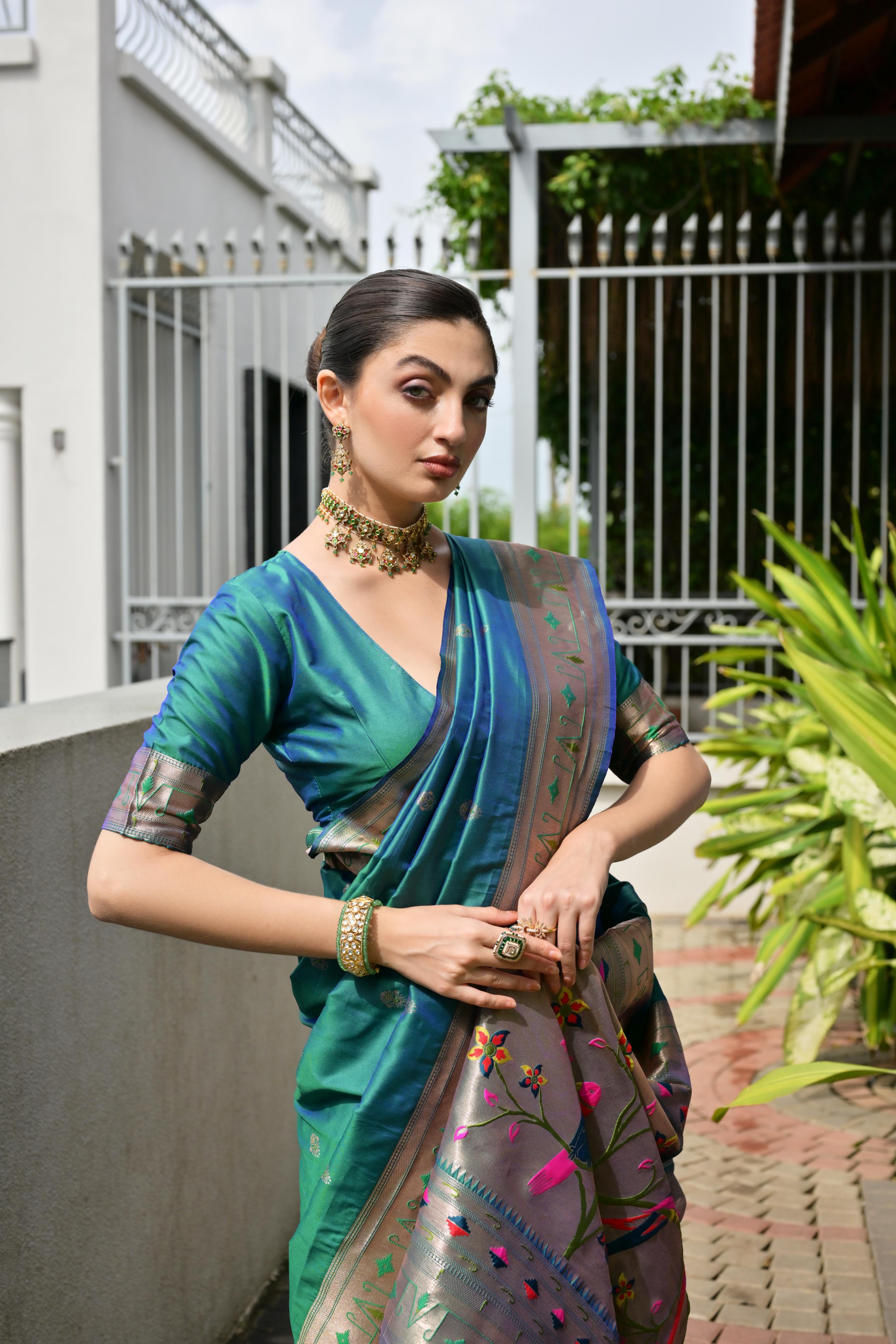 Buy MySilkLove Peacock Green Woven Paithani Saree Online