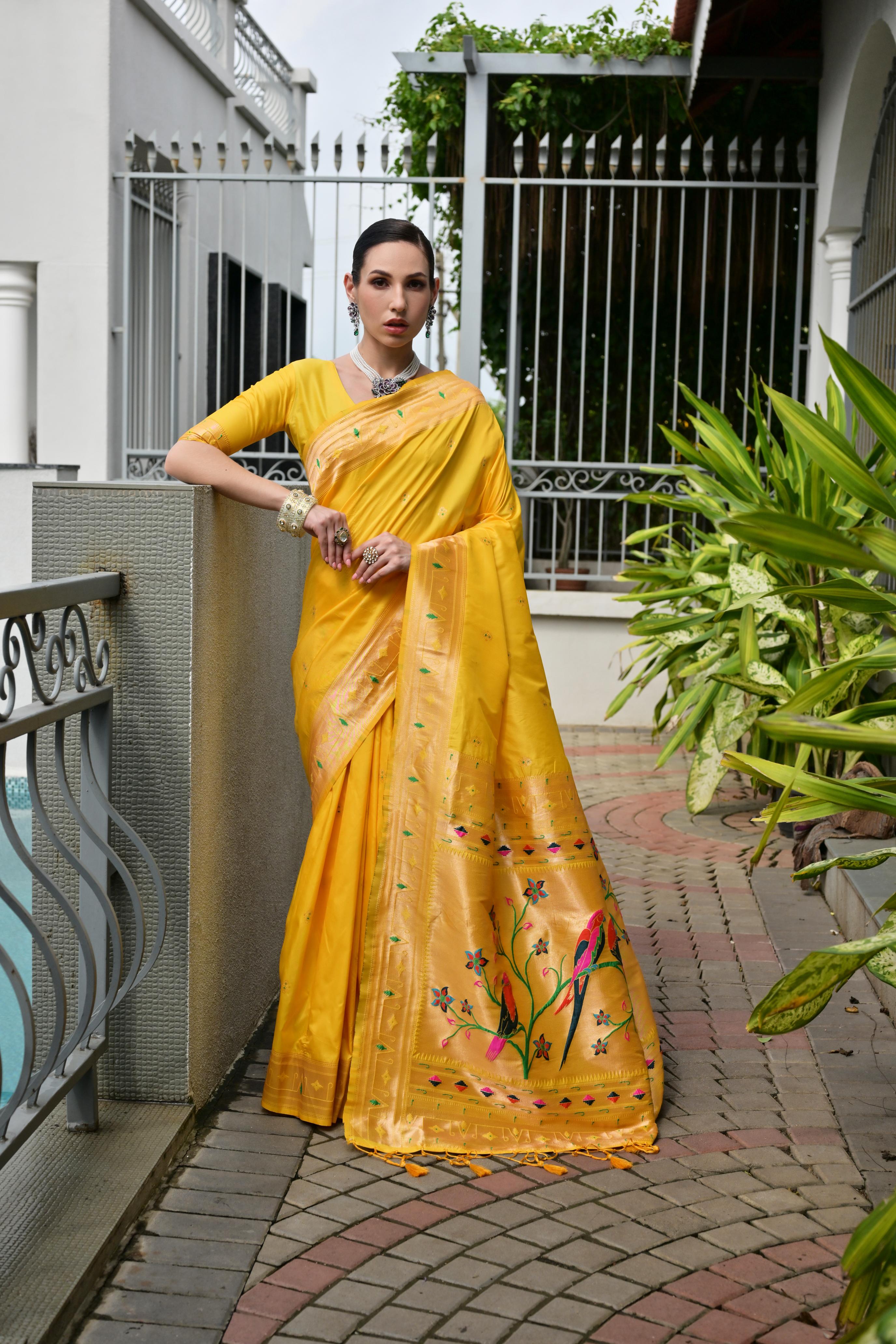 Buy MySilkLove Coneflowers Yellow Woven Paithani Saree Online