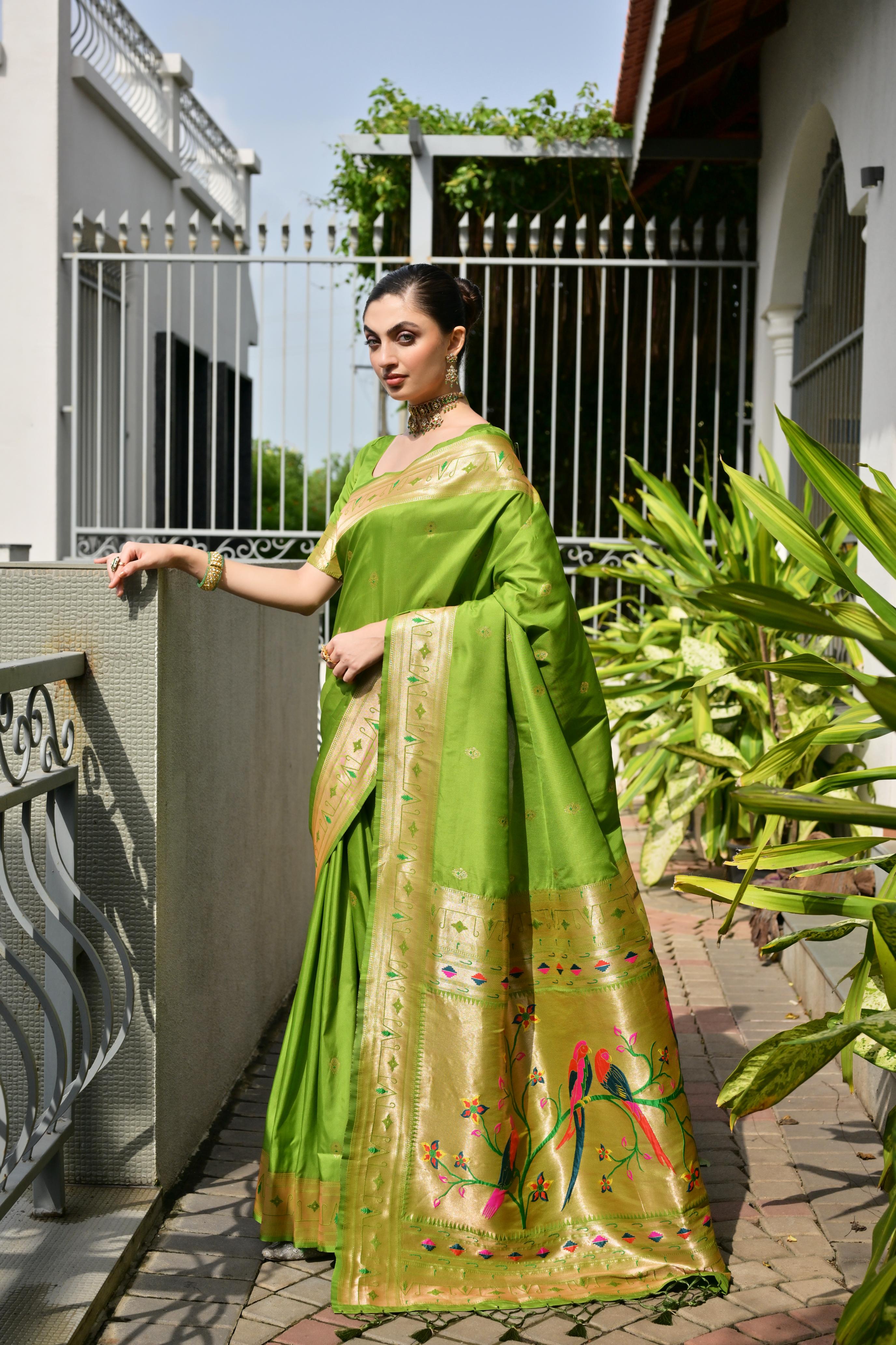 Buy MySilkLove Gladiolus Green Woven Paithani Saree Online