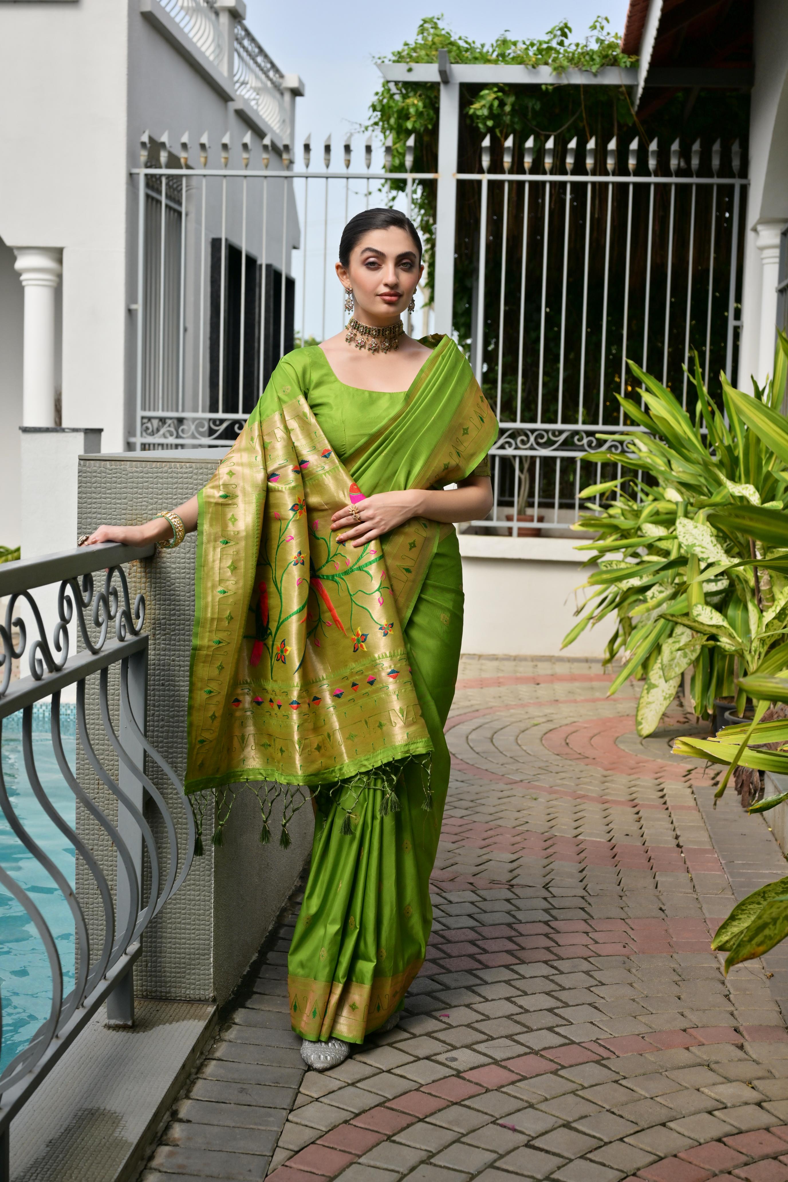 Buy MySilkLove Gladiolus Green Woven Paithani Saree Online