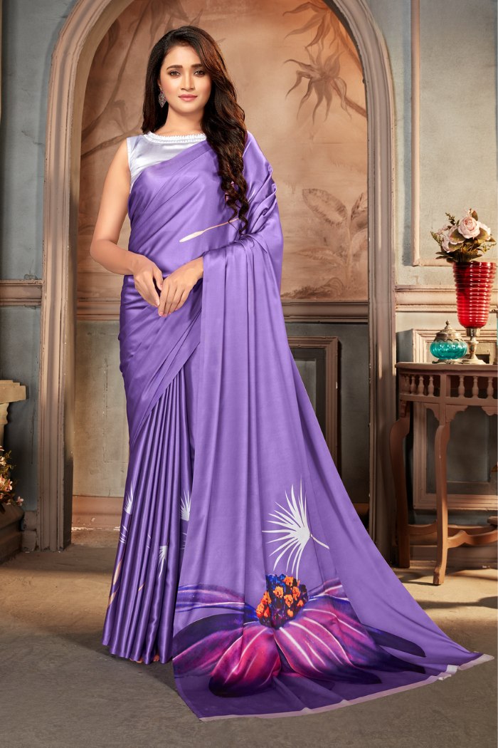 Buy MySilkLove Wisteria Purple Printed Satin Crepe Saree Online