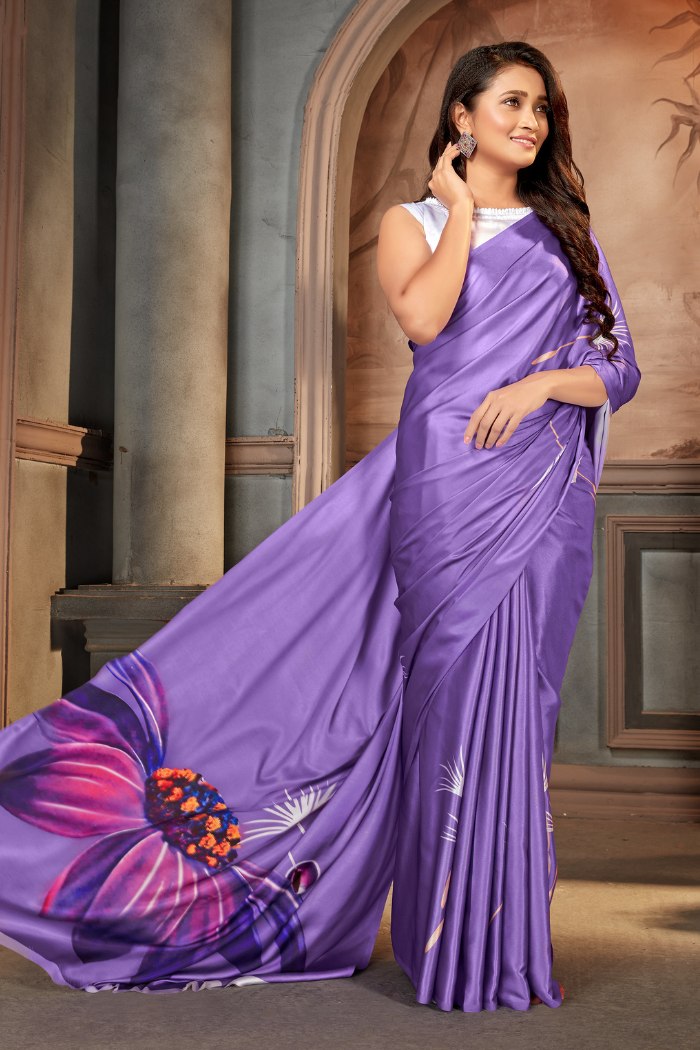 MySilkLove Wisteria Purple Printed Satin Crepe Saree