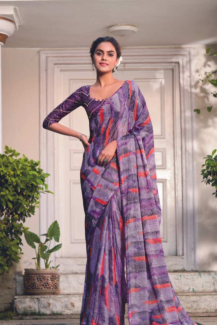 Buy MySilkLove Glossy Grape Purple Georgette Chiffon Saree Online