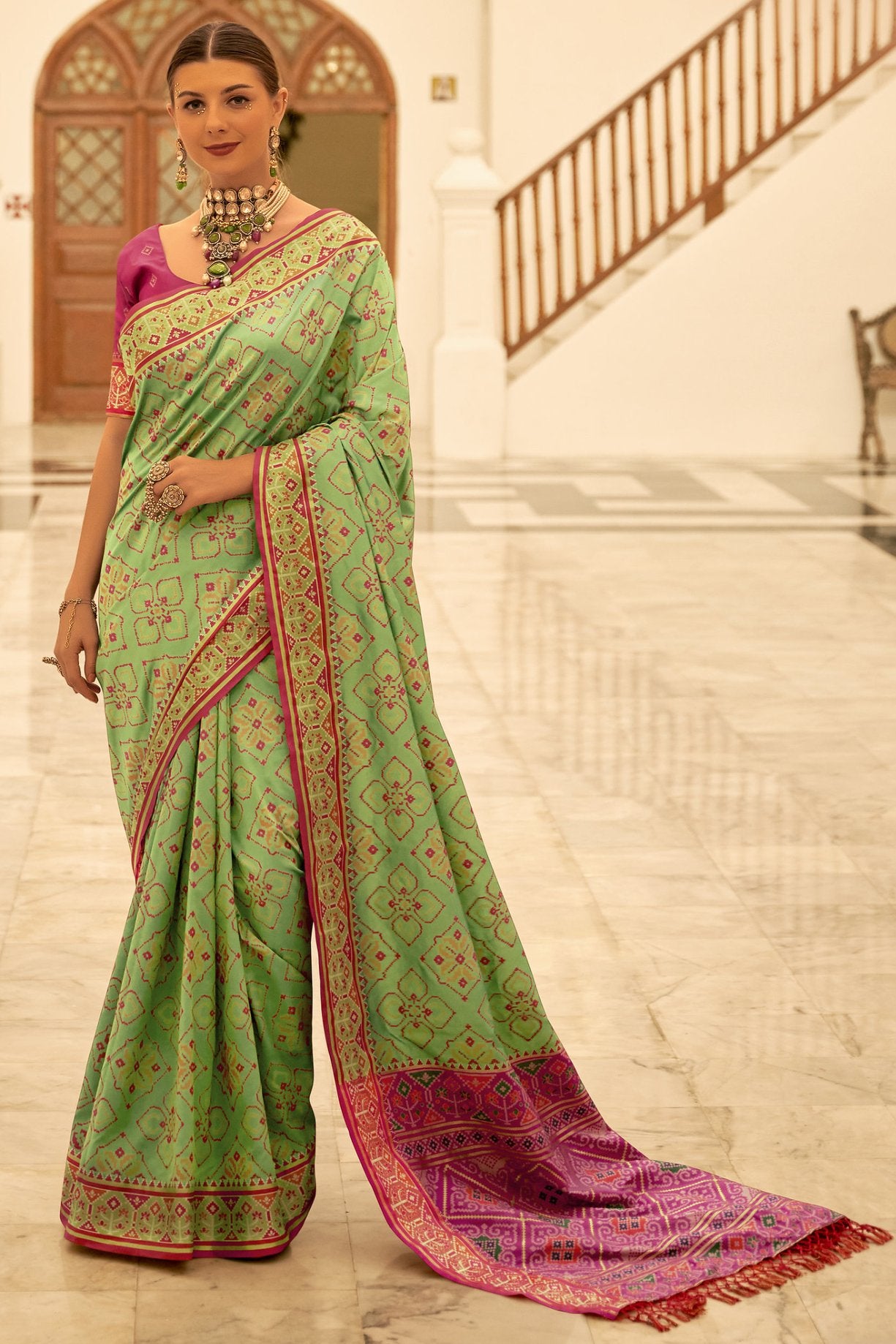 Buy MySilkLove Parrot Green Woven Patola Silk Saree Online