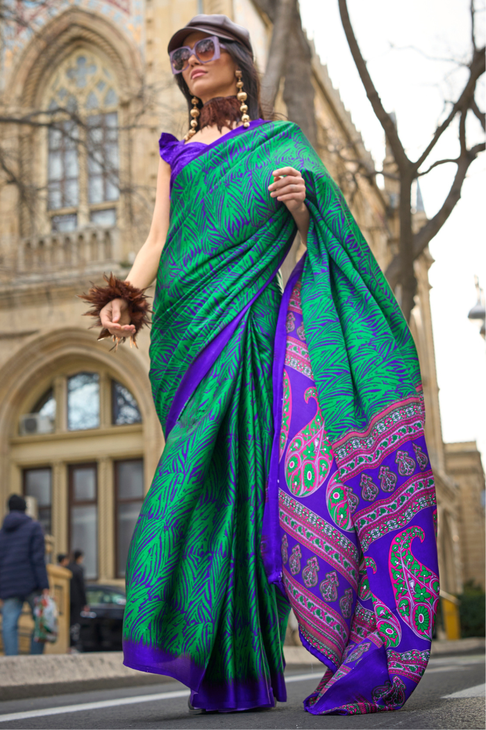 Buy MySilkLove Jungle Green and Purple Printed Satin Crepe Saree Online