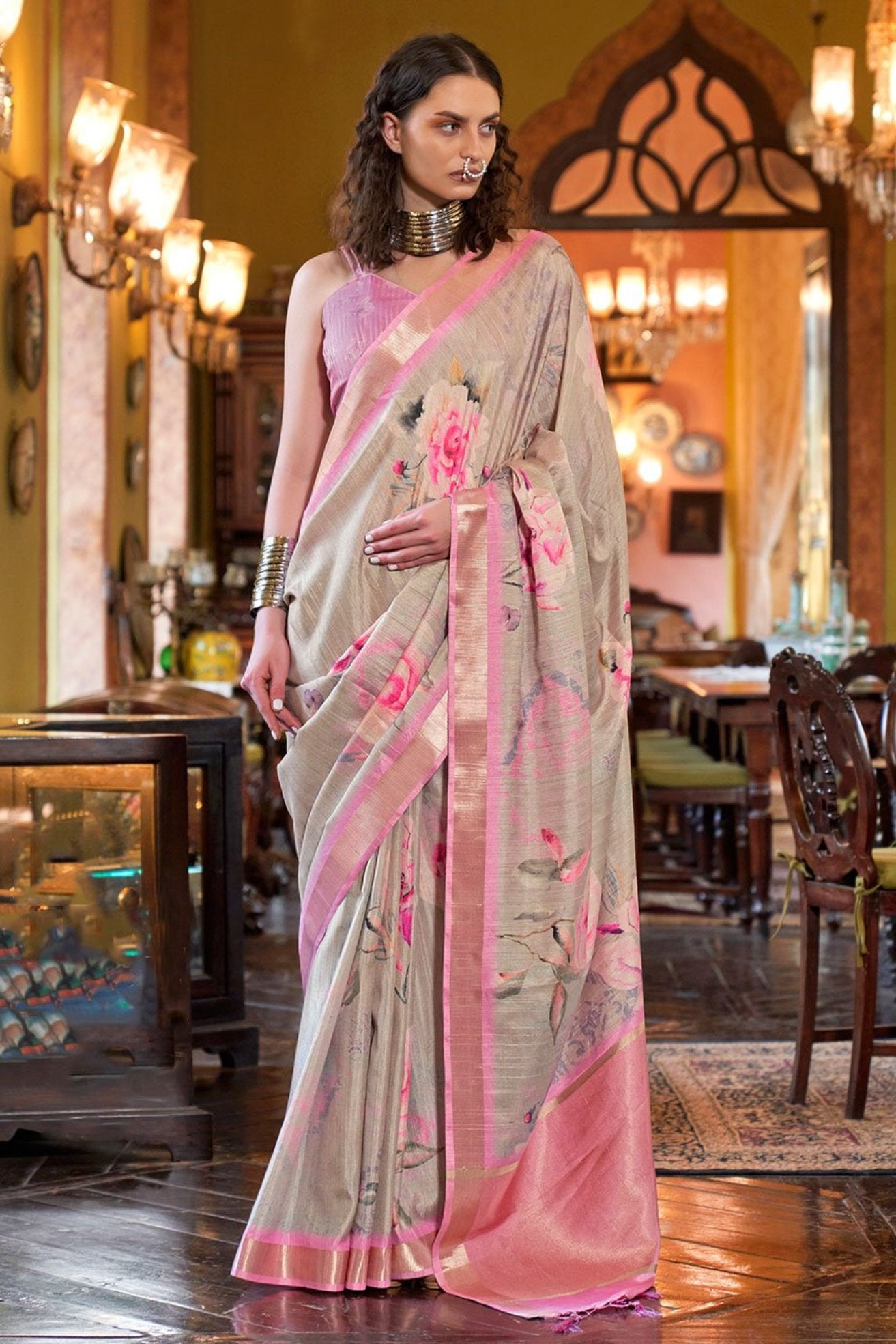 Buy MySilkLove Sea Pink Banarasi Floral Printed Saree Online