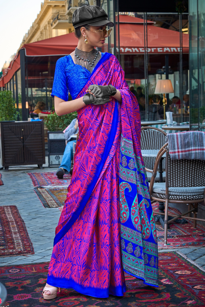 Buy MySilkLove Seance Purple and Blue Printed Satin Crepe Saree Online