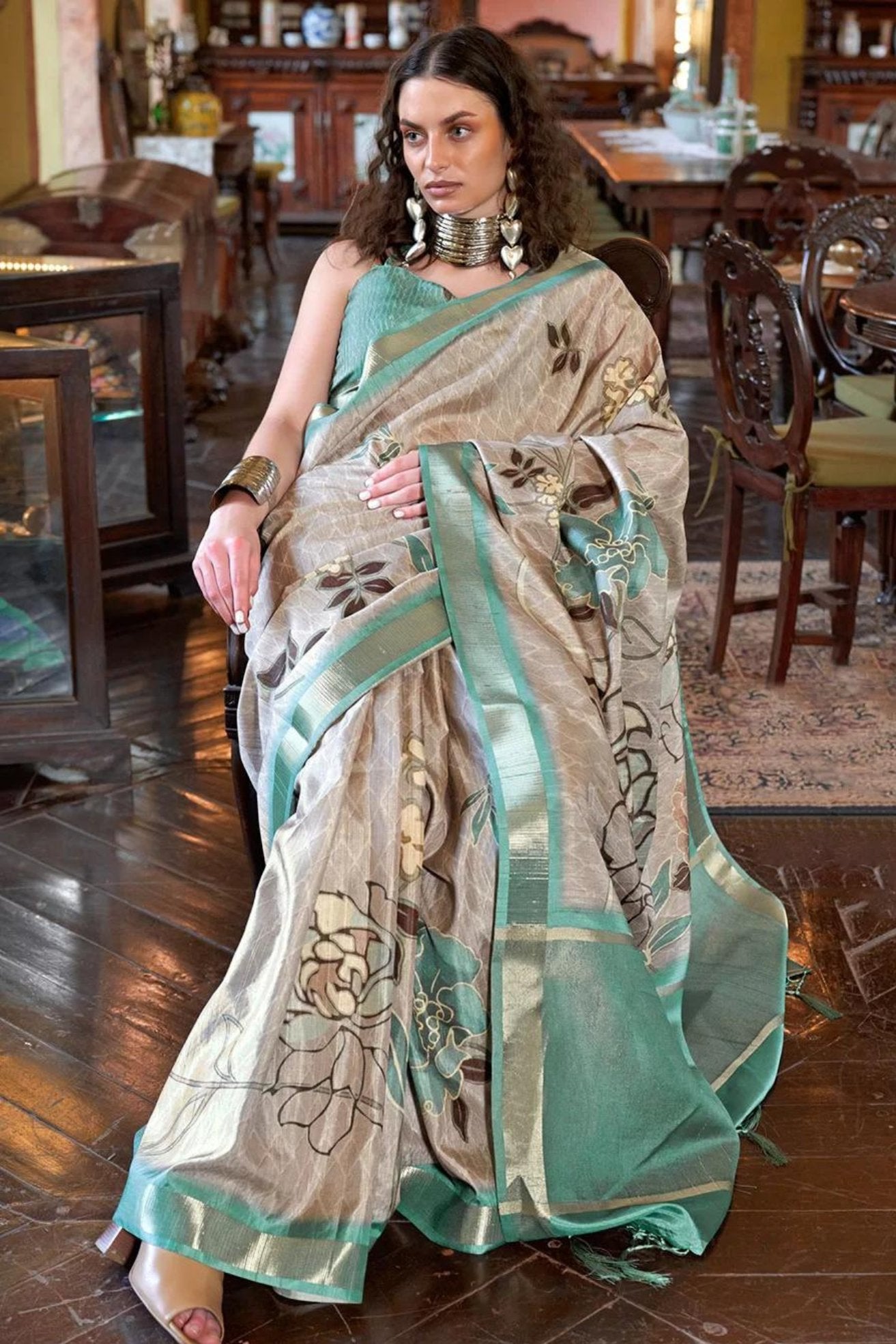 Buy MySilkLove Silver Rust Grey and Green Banarasi Floral Printed Saree Online