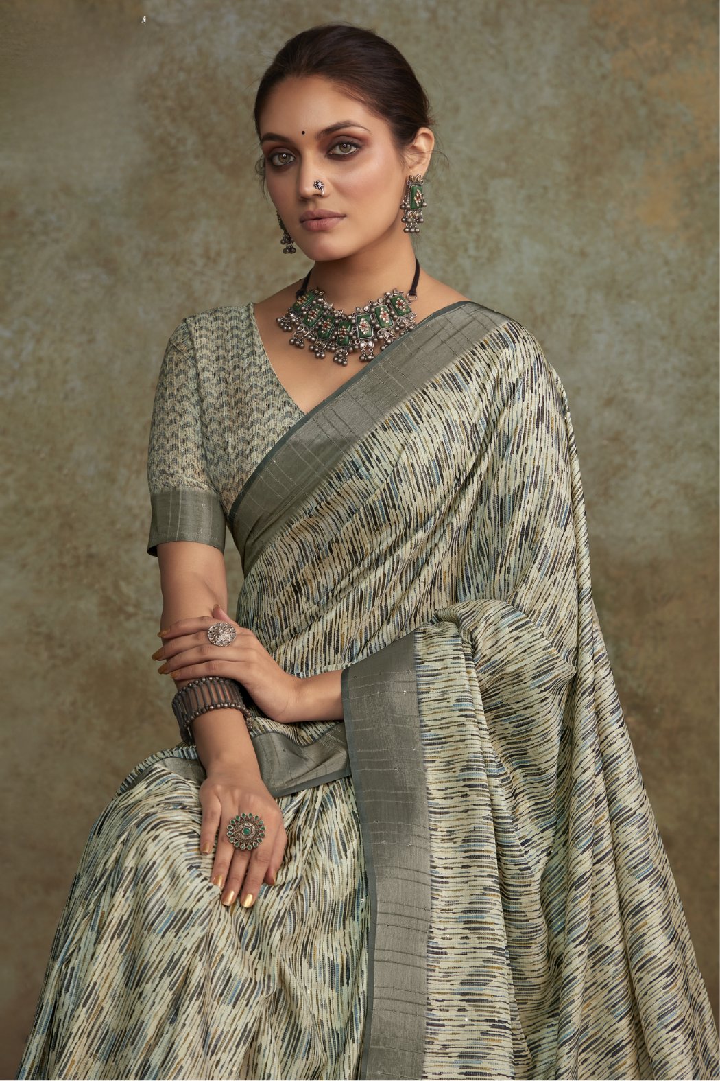 MySilkLove Pablo Green Banarasi Digital Printed Saree