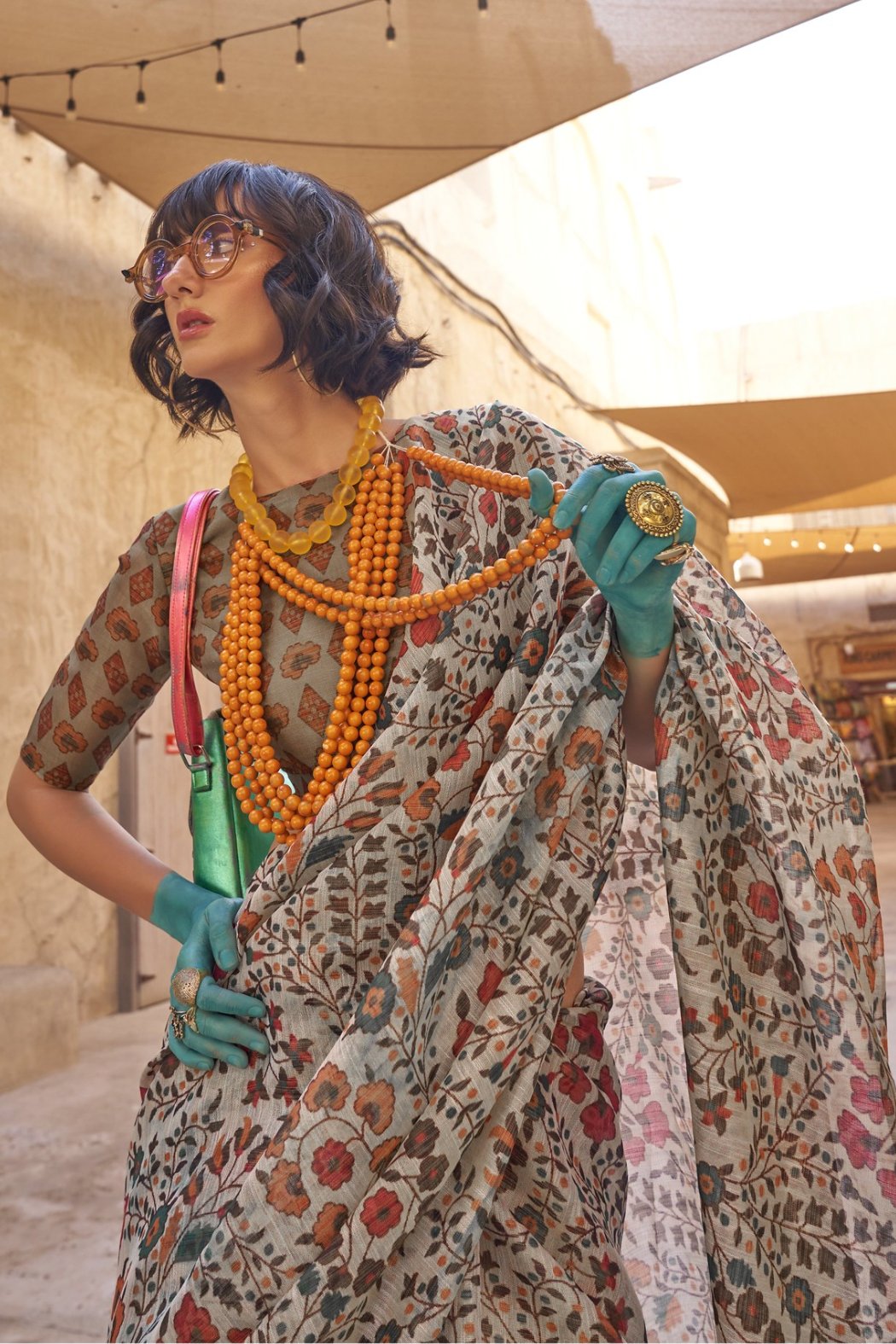 Buy MySilkLove Russett Grey Tissue Handloom Printed Saree Online
