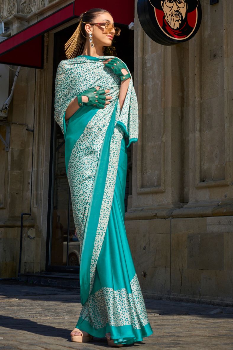 Buy MySilkLove Fountain Blue Printed Satin Crepe Sarees Online