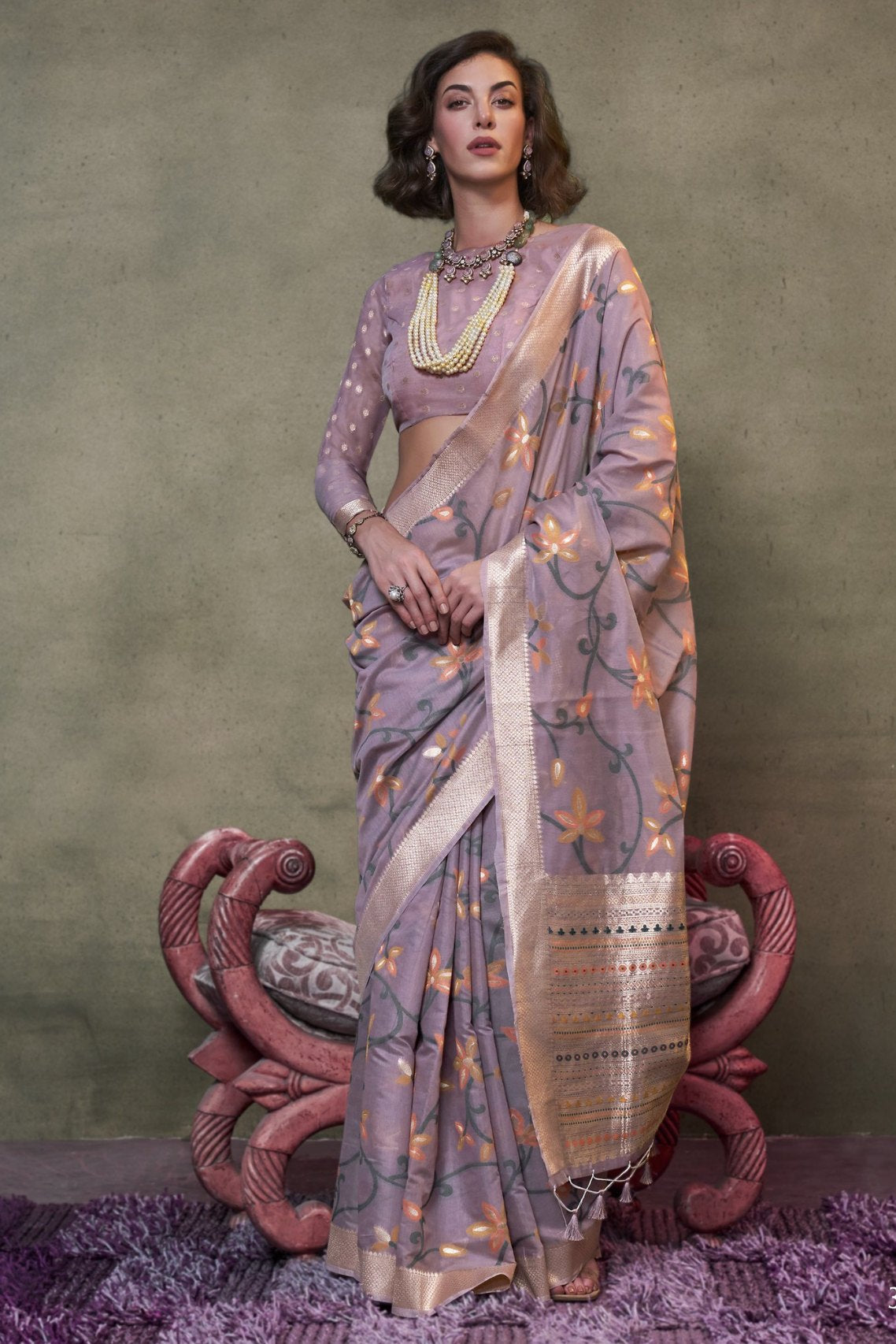 Buy MySilkLove Mountbatten Purple Handloom Jamdani Saree Online