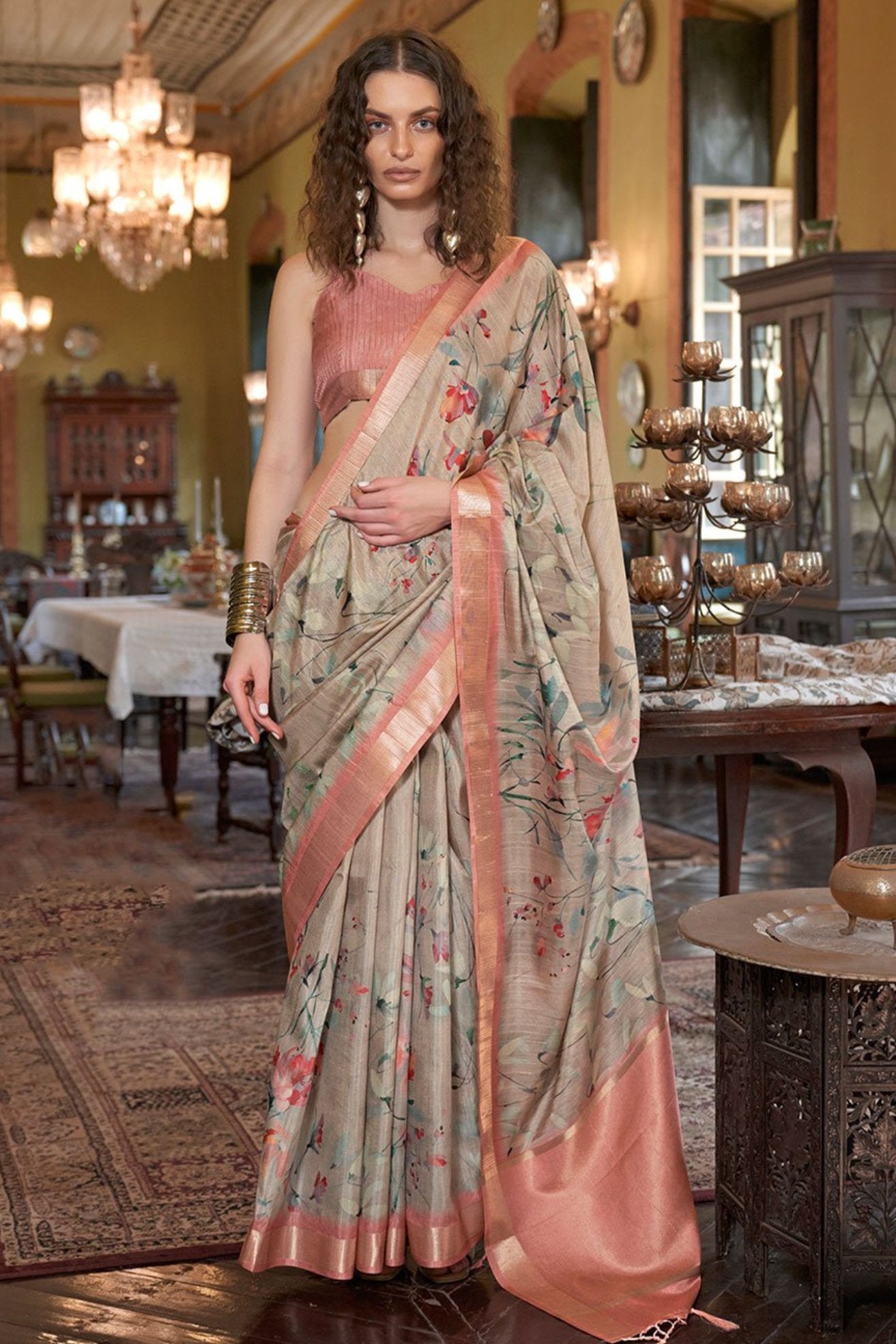 Buy MySilkLove Stonewall Brown and Peach Banarasi Floral Printed Saree Online