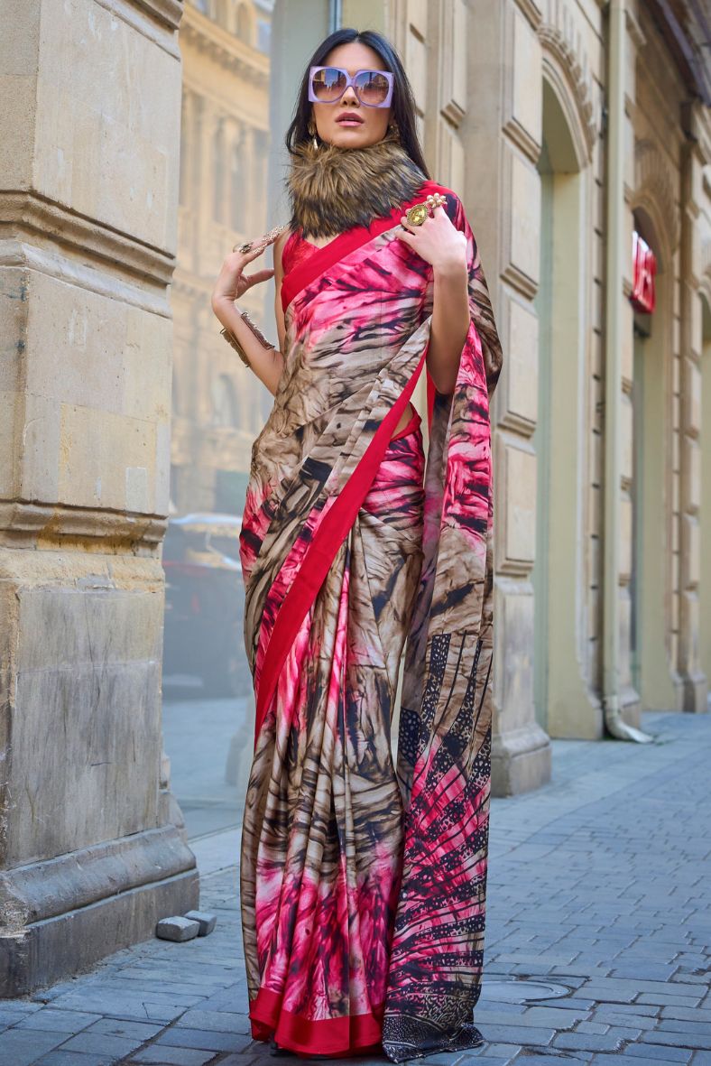 Buy MySilkLove Princess Perfume Pink and Red Printed Satin Crepe Saree Online