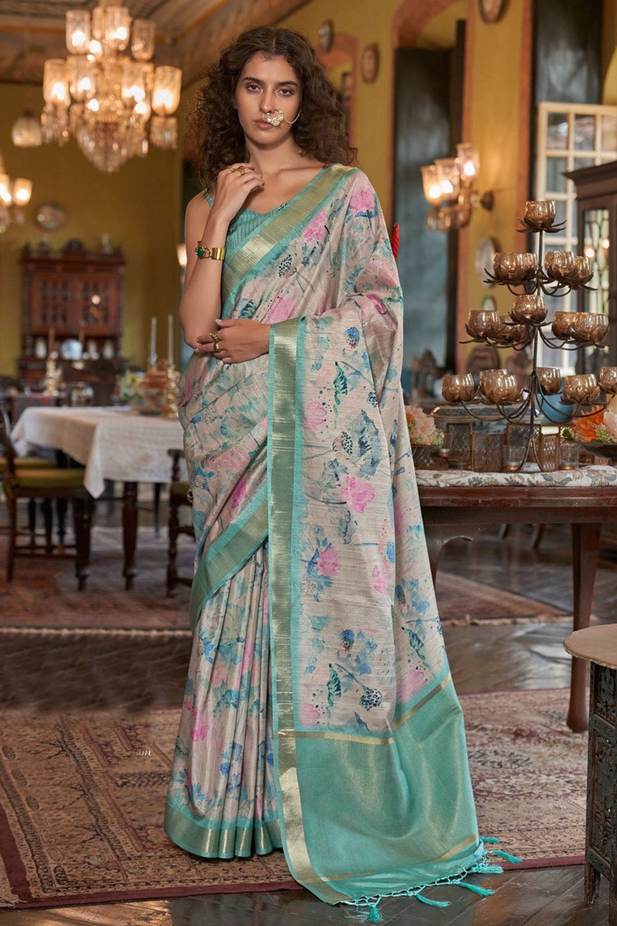 Buy MySilkLove Faded Jade Green Banarasi Floral Printed Saree Online