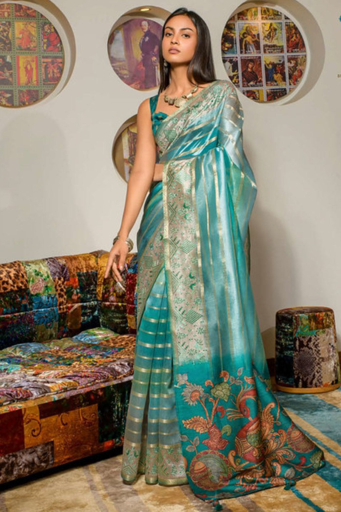 Buy MySilkLove Neptune Blue Organza Saree Online