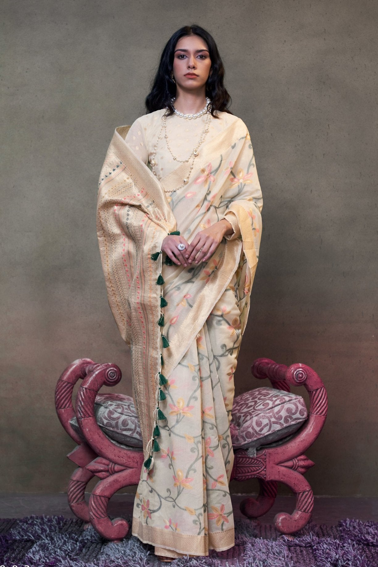 Buy MySilkLove Champagne Cream Handloom Jamdani Saree Online
