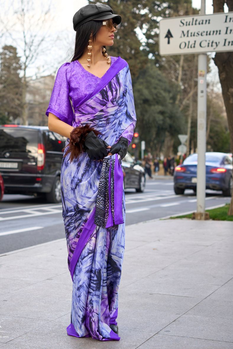 Buy MySilkLove Heliotrope Purple Printed Satin Crepe Sarees Online