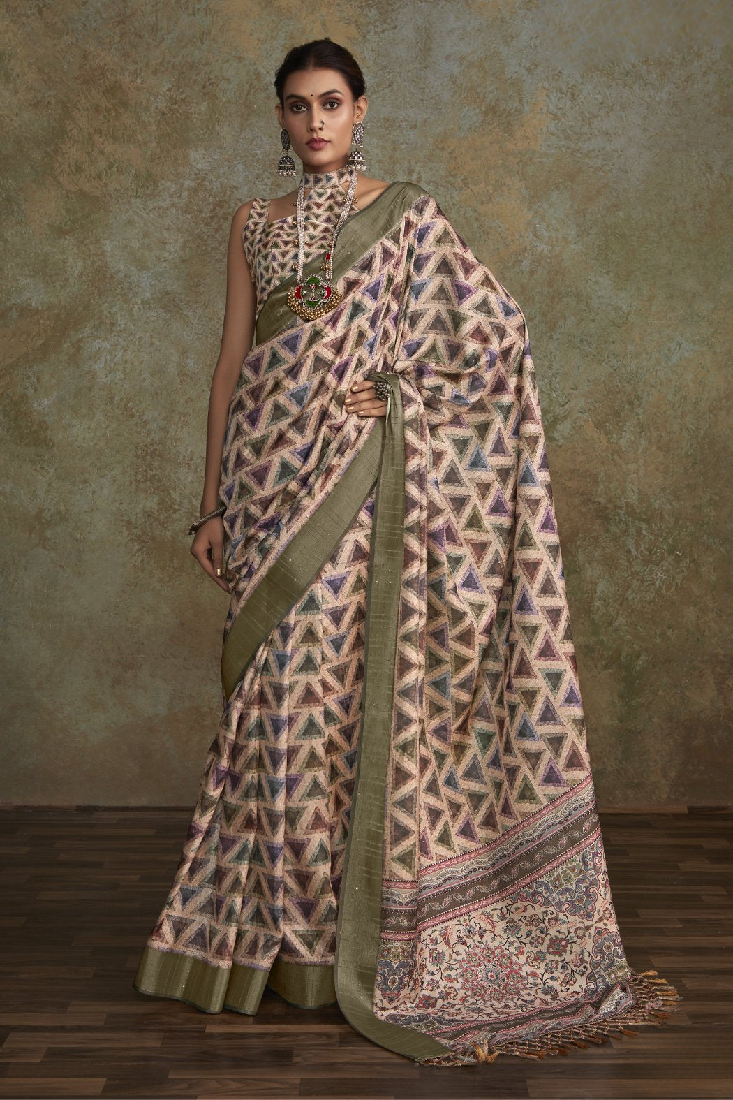 Buy MySilkLove Sandrift Brown and Green Banarasi Digital Printed Saree Online