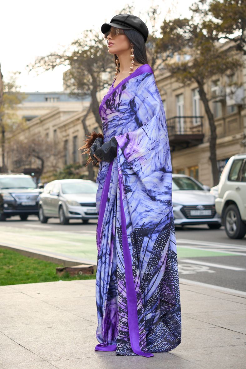 Buy MySilkLove Heliotrope Purple Printed Satin Crepe Sarees Online