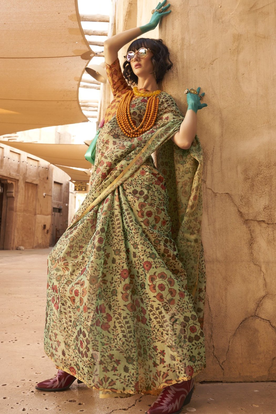 Buy MySilkLove Teak Green Tissue Handloom Printed Saree Online