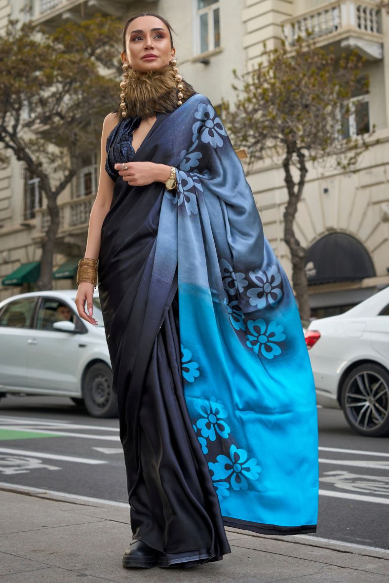 Buy MySilkLove Cinder Black and Blue Printed Satin Crepe Sarees Online