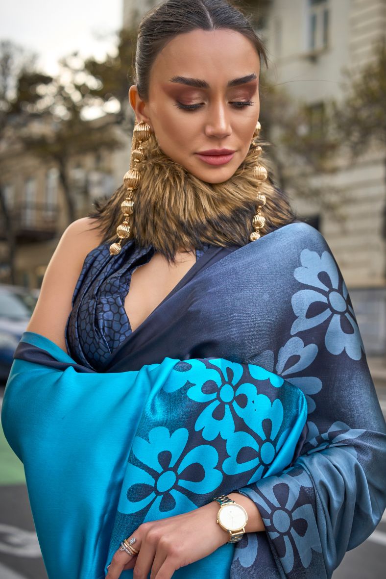 MySilkLove Cinder Black and Blue Printed Satin Crepe Sarees