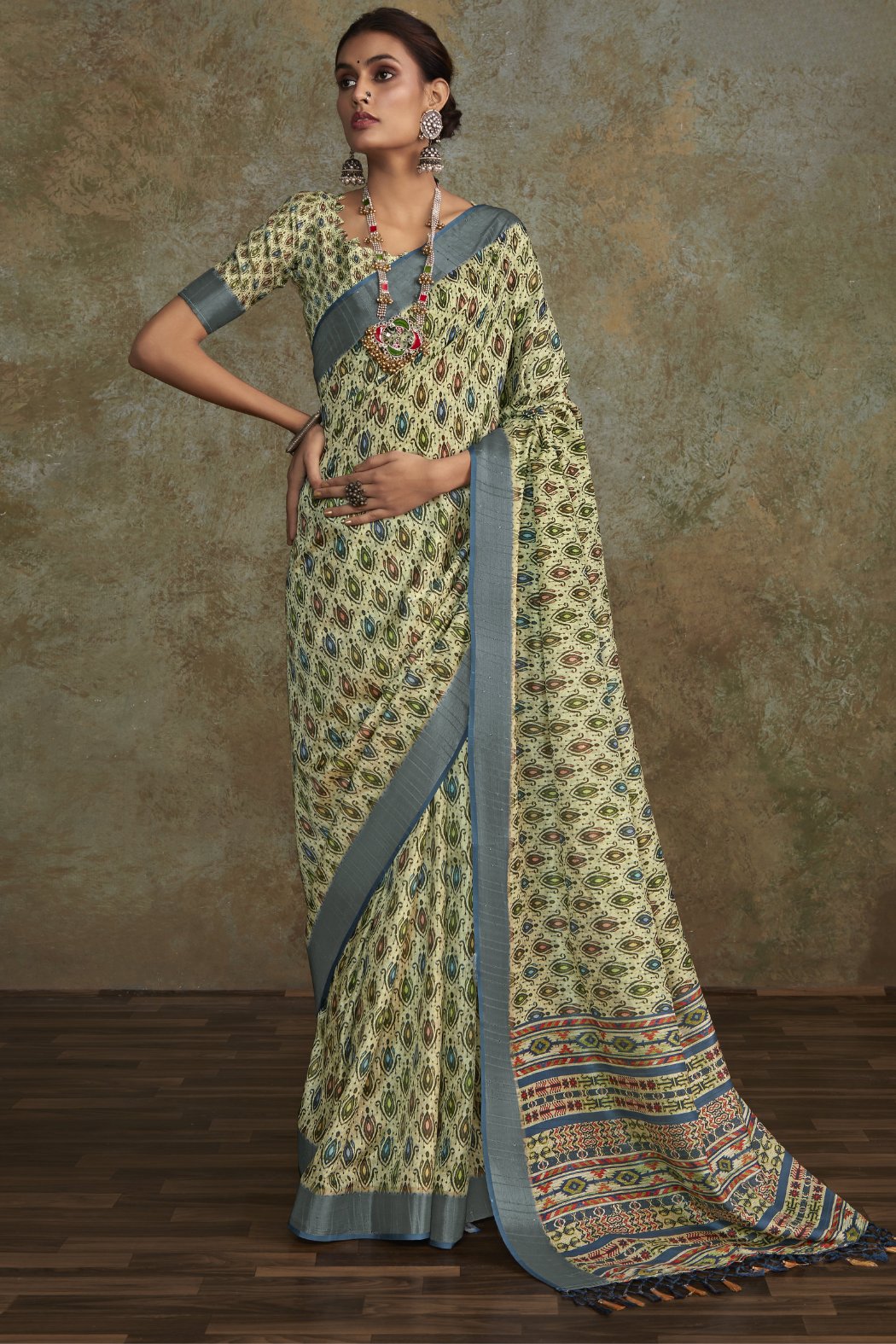 Buy MySilkLove Bitter Green Banarasi Digital Printed Saree Online