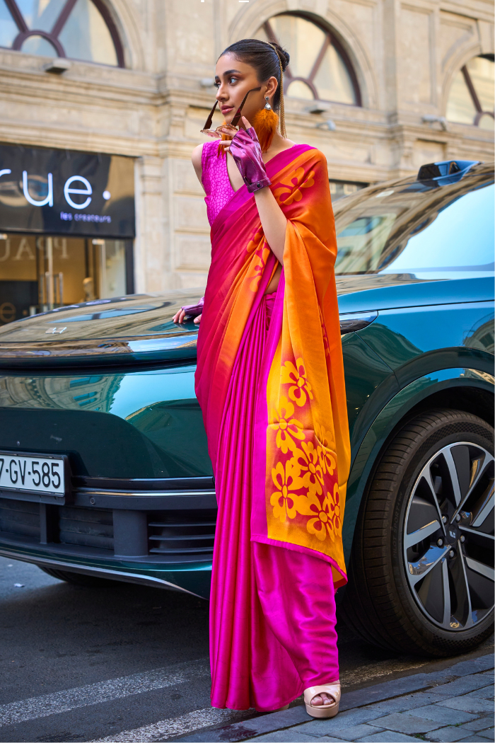 Buy MySilkLove Pizazz Orange and Pink Printed Satin Crepe Saree Online