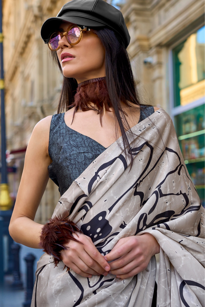 Buy MySilkLove Silver Rust Grey and Black Printed Satin Crepe Sarees Online
