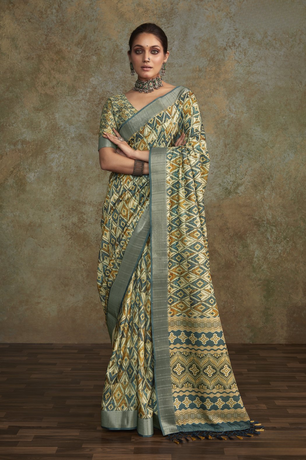 Buy MySilkLove Clay Creek Green Banarasi Digital Printed Saree Online