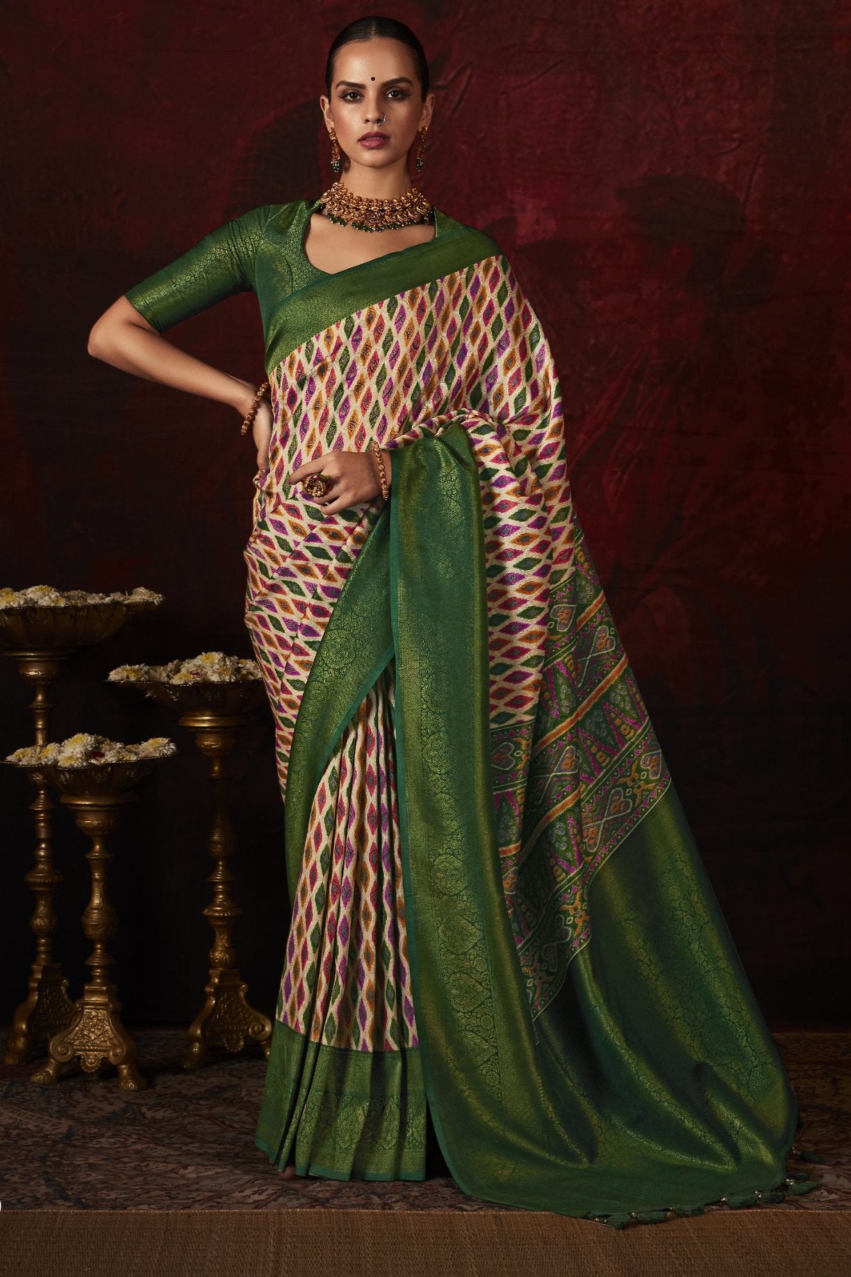 Buy MySilkLove Pavlova Cream and Green Banarasi Digital Printed Saree Online