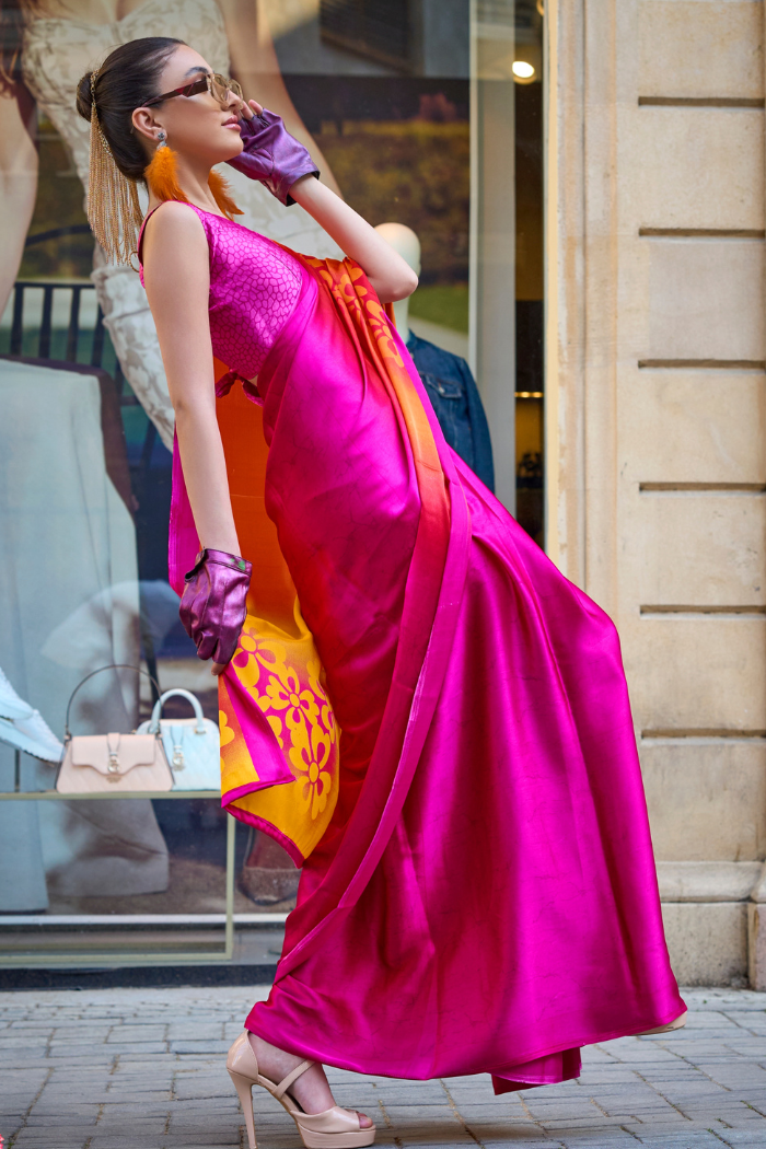 MySilkLove Pizazz Orange and Pink Printed Satin Crepe Saree